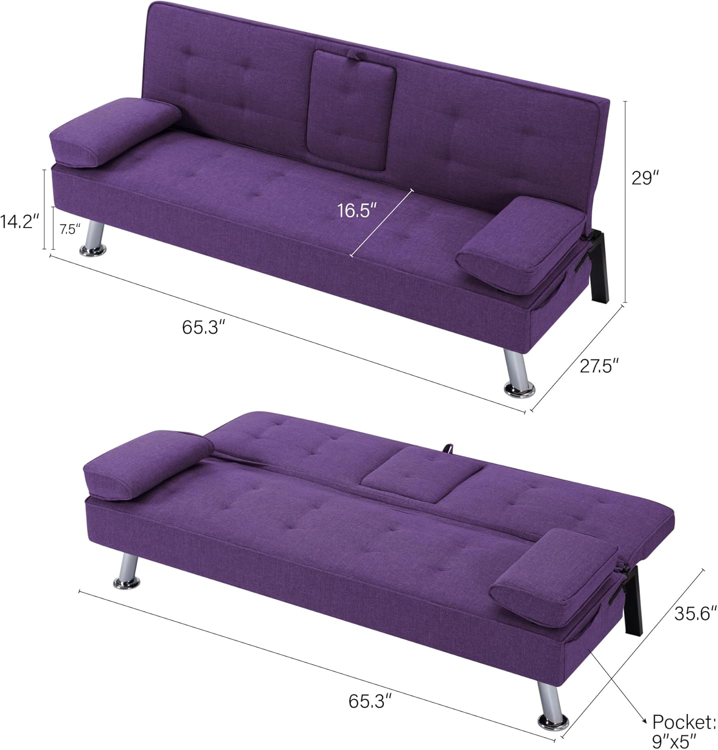 Convertible Sofa Bed Adjustable Couch Sleeper Folding PU Convertible Recliner Lounge Daybed for Living Room, Bedroom, Apartment, Purple, 65.3"x27.5"x29"