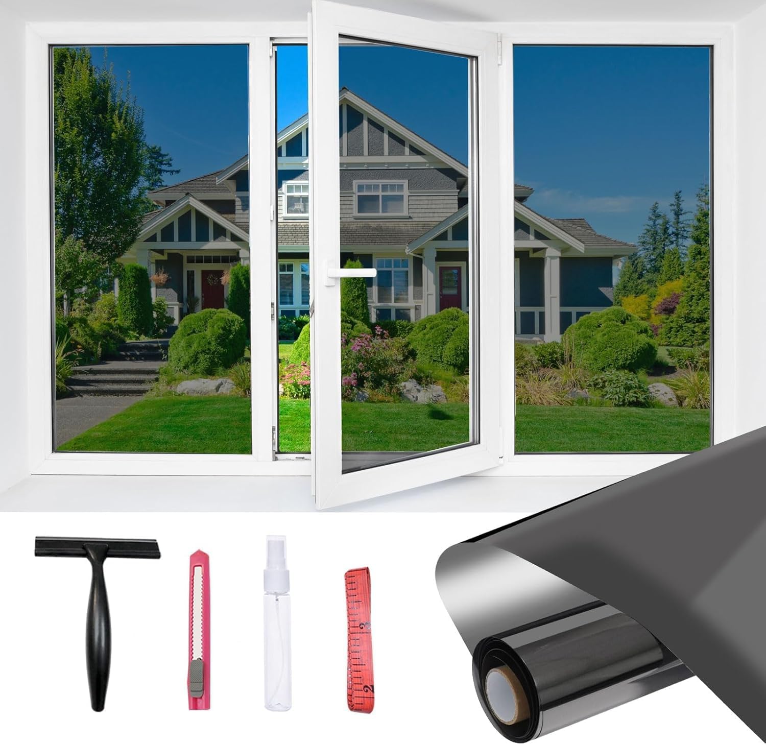 JAYONG Window Privacy Film One Way - Static Cling Heat Control Daytime Privacy Film UV Blocking Reflective Window Tint for Home Office, Black Silver, 35.4 x 196.8 Inch