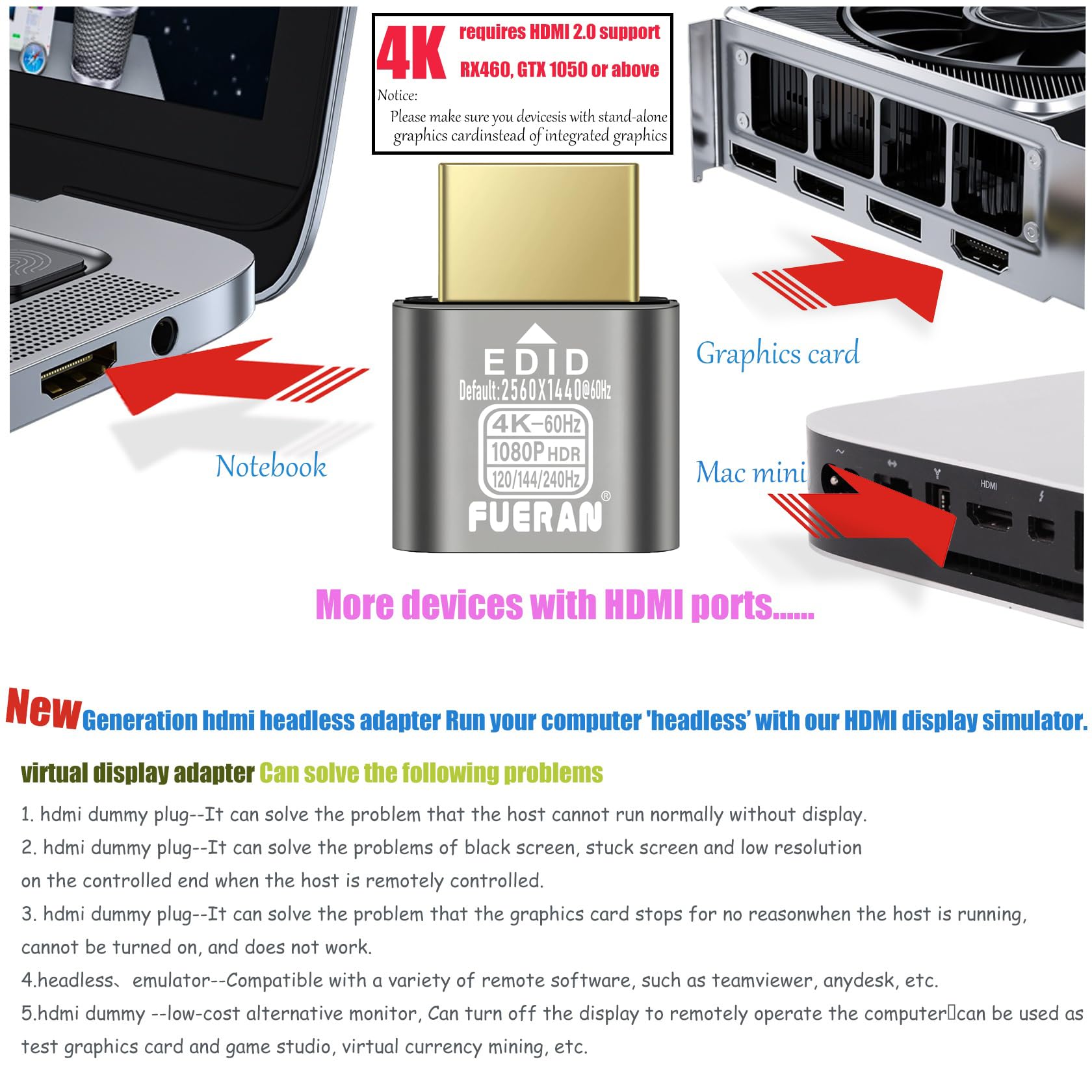 Wtyczka dummy HDMI HDR 4K@60Hz 2K@120/144Hz 1080P@120/144/240Hz, emulator edid wirtualny wyświetlacz adapter, adapter HDMI bez wyświetlacza (4K60Hz-1P-(domyślny1440))