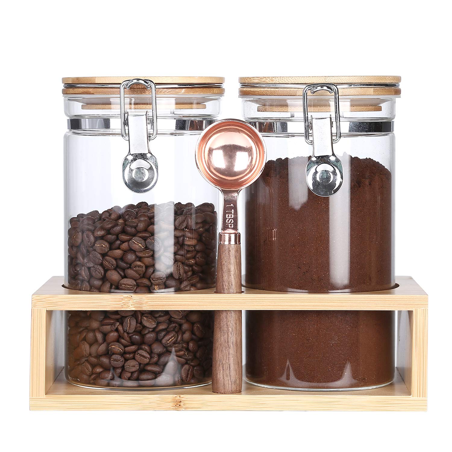 KKC HOME ACCENTS Glass Food Storage Jars with Airtight Locking Clamp Bamboo Lids,Coffee Bean Storage Containers,Sealed Glass Container with Scoop for Coffee Ground,Tea,Nut,Sugar,Coffee Holder