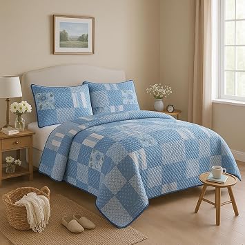 DBOZE Reversible Cotton Blend 3-Piece Embroidery Pattern Elegant Bedding Quilt Set with Embroidered Decorative Shams Soft Bedspread & Coverlet Set Light Blue/White, Queen