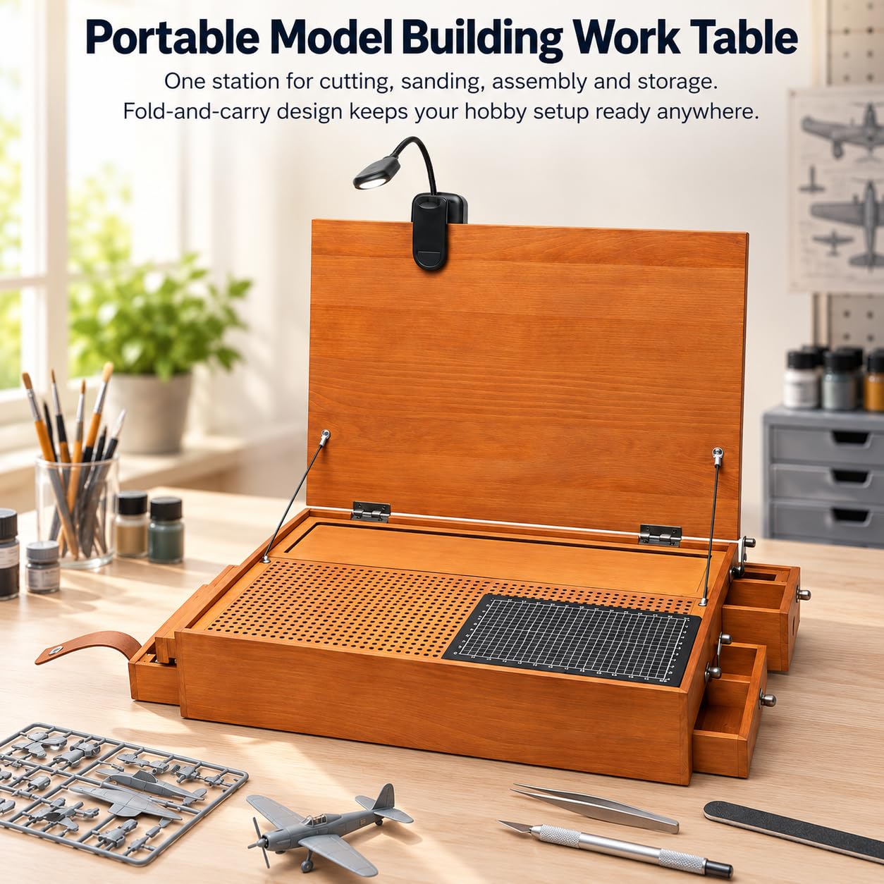 Tavolo da lavoro portatile per modellismo, spazio archiviazione integrato