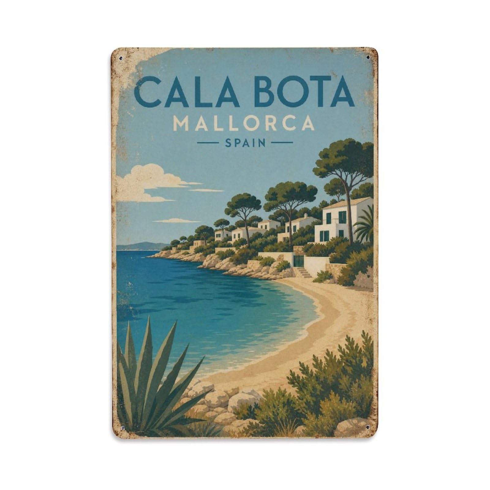 Fyrn Style Metal Tin Sign Vintage Travel Cala Bota Mallorca Quiet Beach Residential