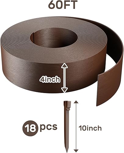 Vista 2 de AGTEK 60FT Plastic Landscape Edging Coil Kit, 4 inch High Terrace Board Garden Edging Border with 18 Stakes Marrón