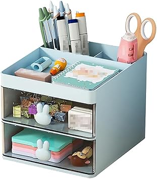 House of Quirk Small Desk Organizer With Drawer,Multi-Functional Pen Pencil Holder Storage Box For Desk & Accessories With 3 Compartments + 2 Drawer For Office Art Supplies (Blue) - image, photos