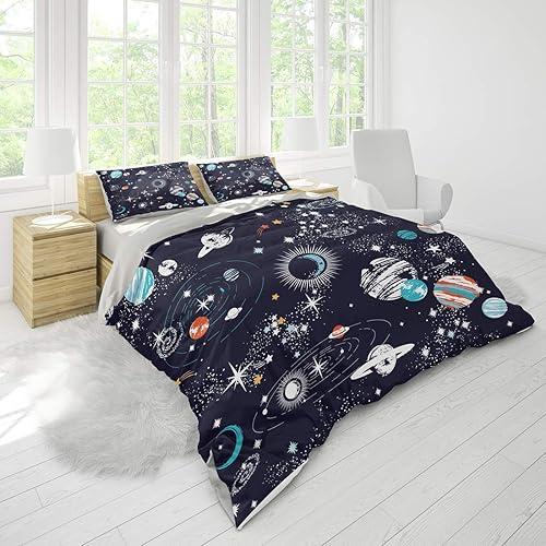 Miniatura 3 de SHOMPE Galaxy Space - Juego de funda de edredón para niños, tamaño King, color azul marino, universo de aventura, estrellas, juego de ropa de cama