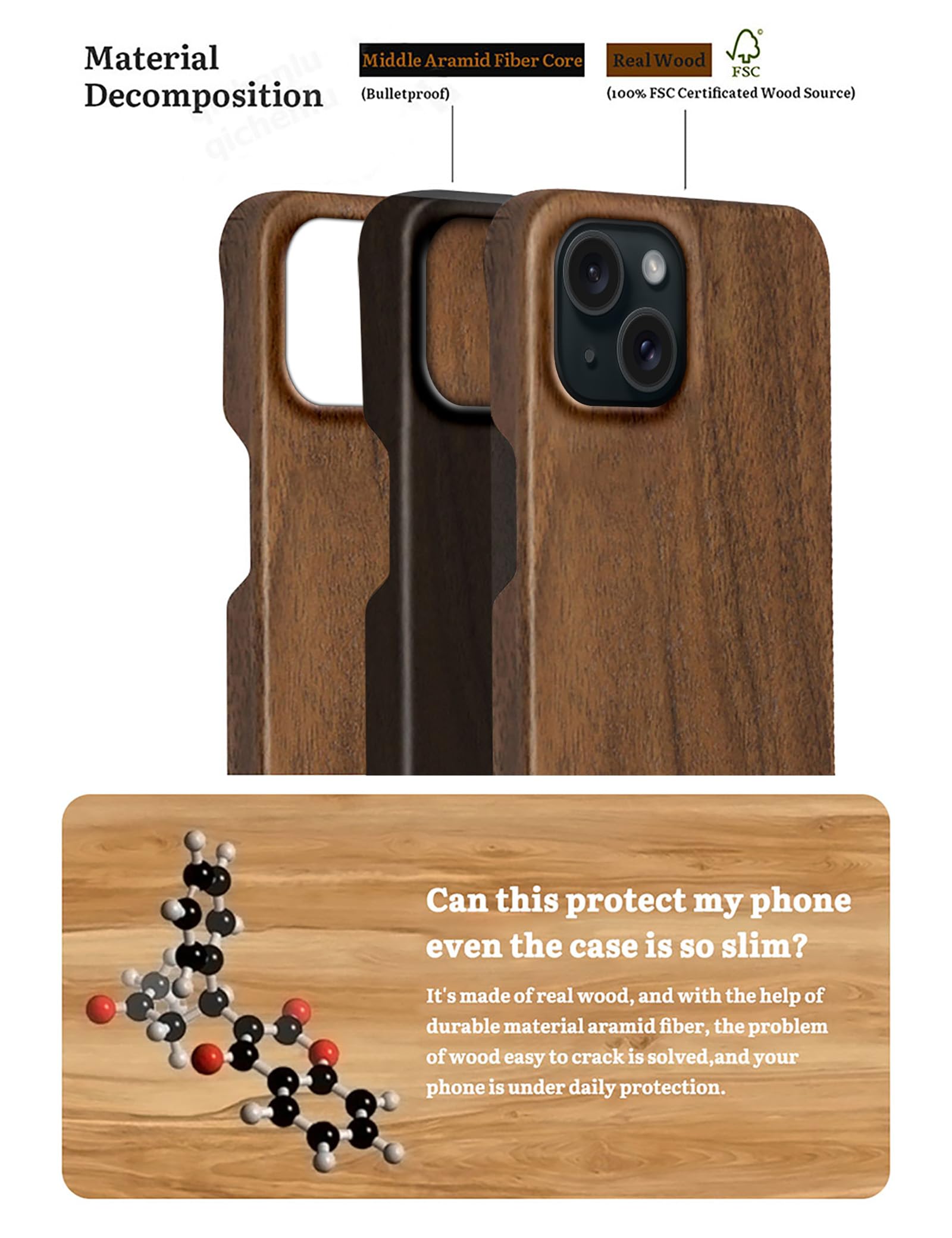 Qichenlu Holz-Hülle Für IPhone 15 Plus – Rosewood Mit Aramidkern, Ultradünn