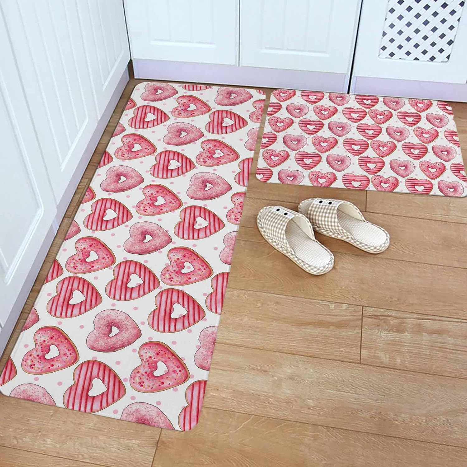 Happy Valentine's Day Kitchen Rugs and Mats Set of 2, Non-Slip Kitchen Sink Mat, Pink Love Hearts Desserts Washable Doormat Bathroom Rugs Runner for Bedroom/Living Room 23.6"x35.4"+23.6"x70.9"