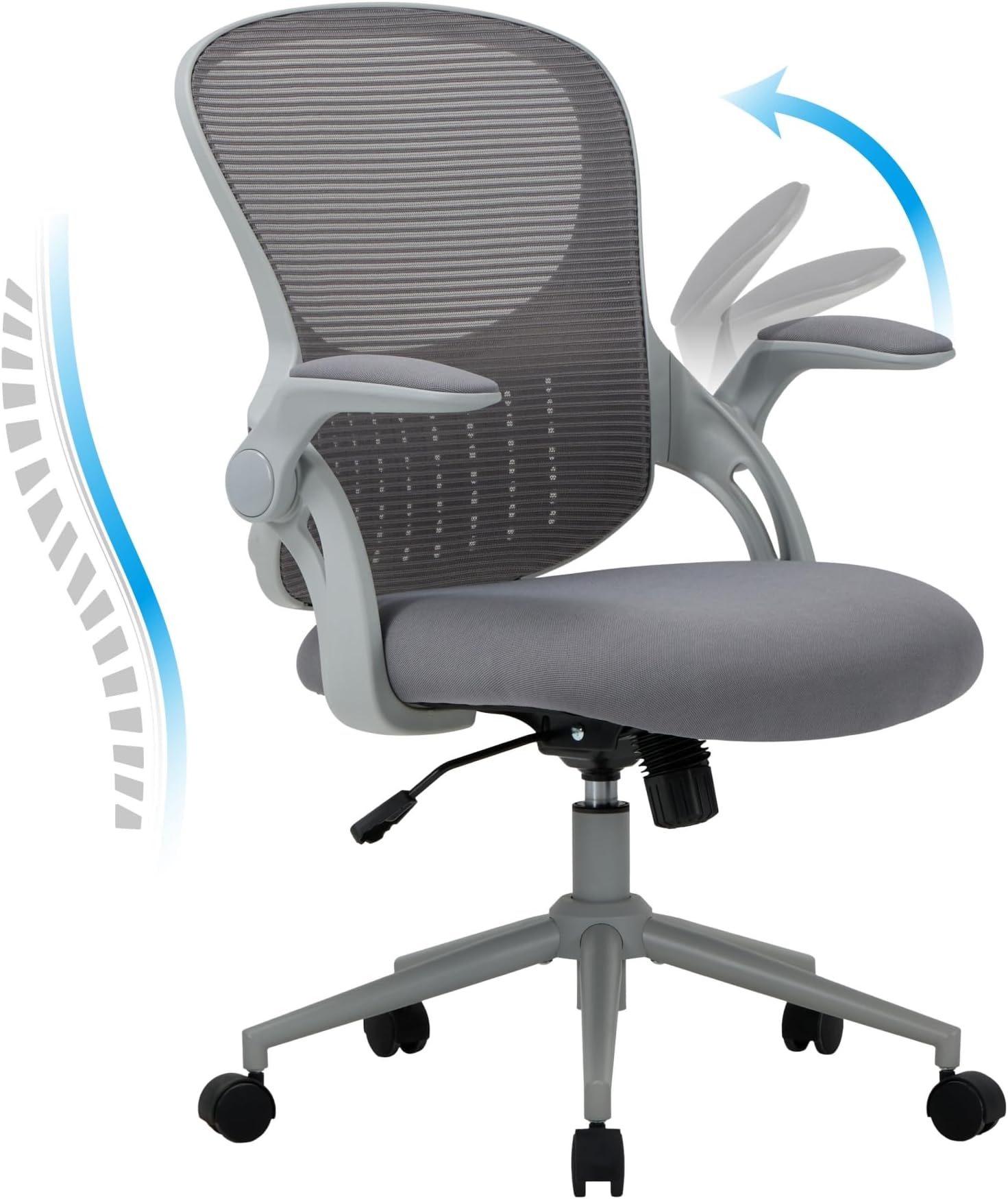 COLAMY Office Chair with Padded 90° Flip-up Armrest, Lumbar Support, Height Adjustable Ergonomic Desk Chair, Executive Swivel Rolling Computer Chair, Comfy Seat Cushion for Home/Office (Grey)