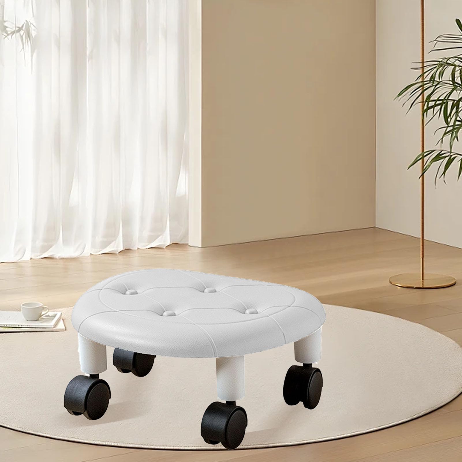 Tabouret Roulant Bas, 33,5 x 15 x 26 cm, Siège Flexible Rotatif à 360 avec roulettes, Universel Mobile, Siège Rond pour la Maison, Chambre de Bébé, Bureau (Blanc)