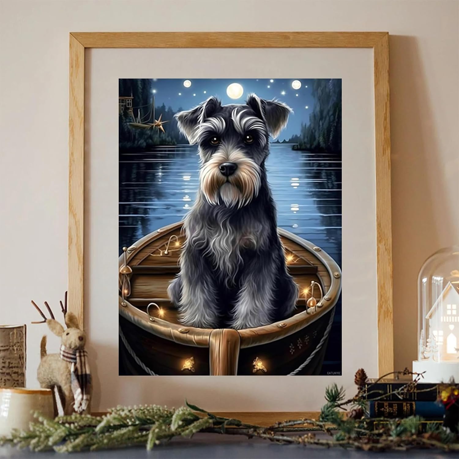 EATUKYIC 5D DIY Cartoon Animal Dog Diamond Painting Kits for Adults, Full Drill Cross Stitch Crystal Rhinestone Arts, Schnauzer on Ship Diamond Painting, for Room Bedroom Wall Decor 12x16inch