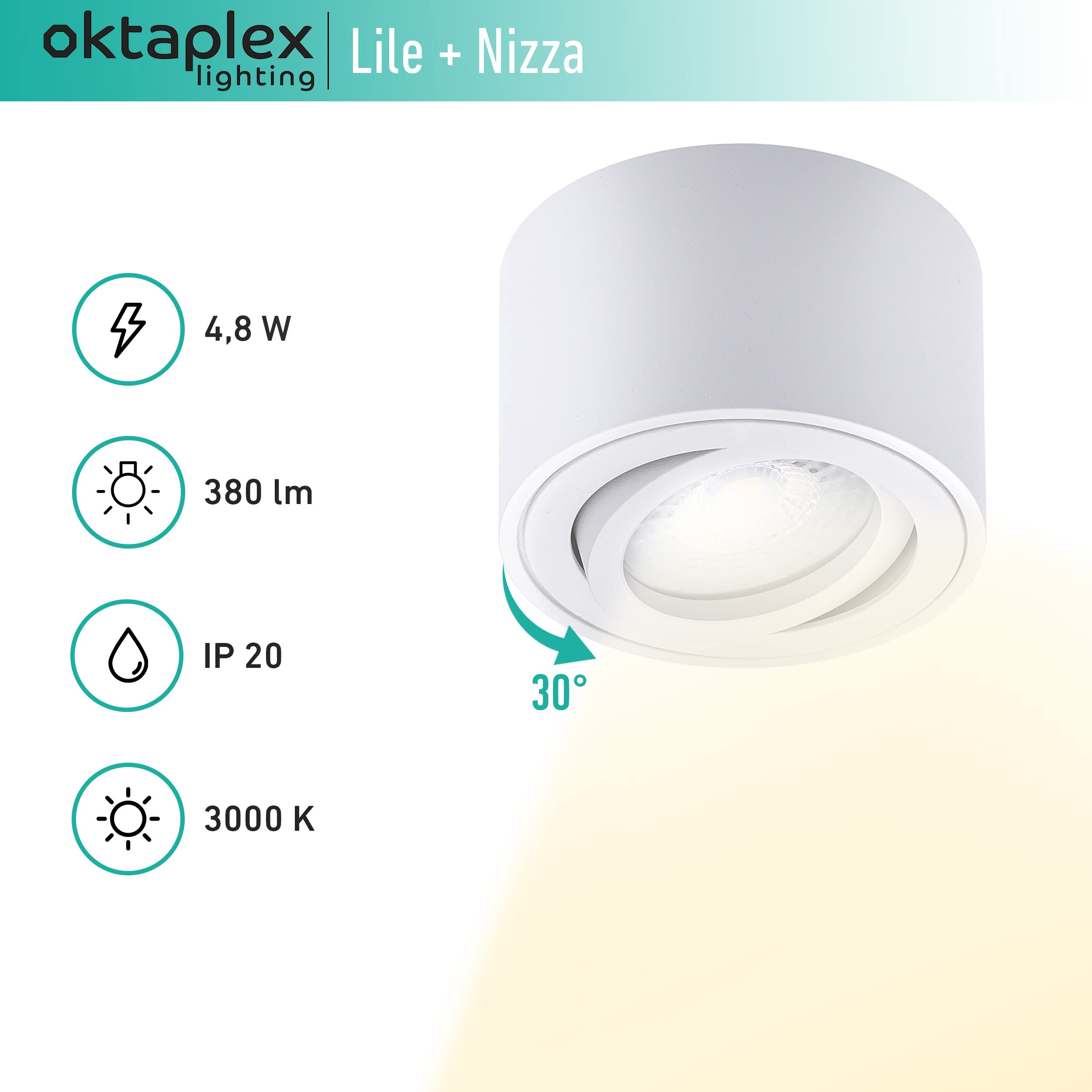 Oktaplex 6x Foco Superficie Orientable Lile Blanco Incl. Módulo LED Regulable 4,8W 230V 3000K Blanco Cálido 80x50mm Foco Interior Empotrable Aluminio