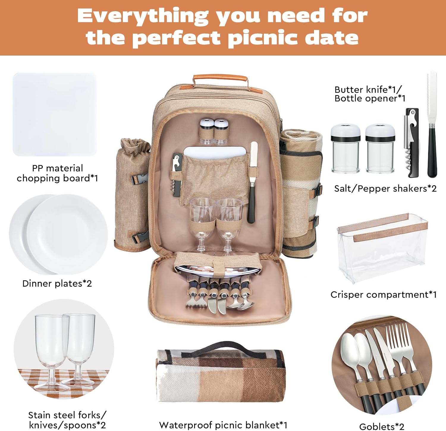 24L Insulated Picnic Basket Leak Proof Picnic Backpack for 2, Light Brown Camping Gifts, Cool Bridal Shower Gifts for Bride & Groom, Mr & Mrs, Anniversary Engagement Wedding for Newly Engaged Couples - Image 3