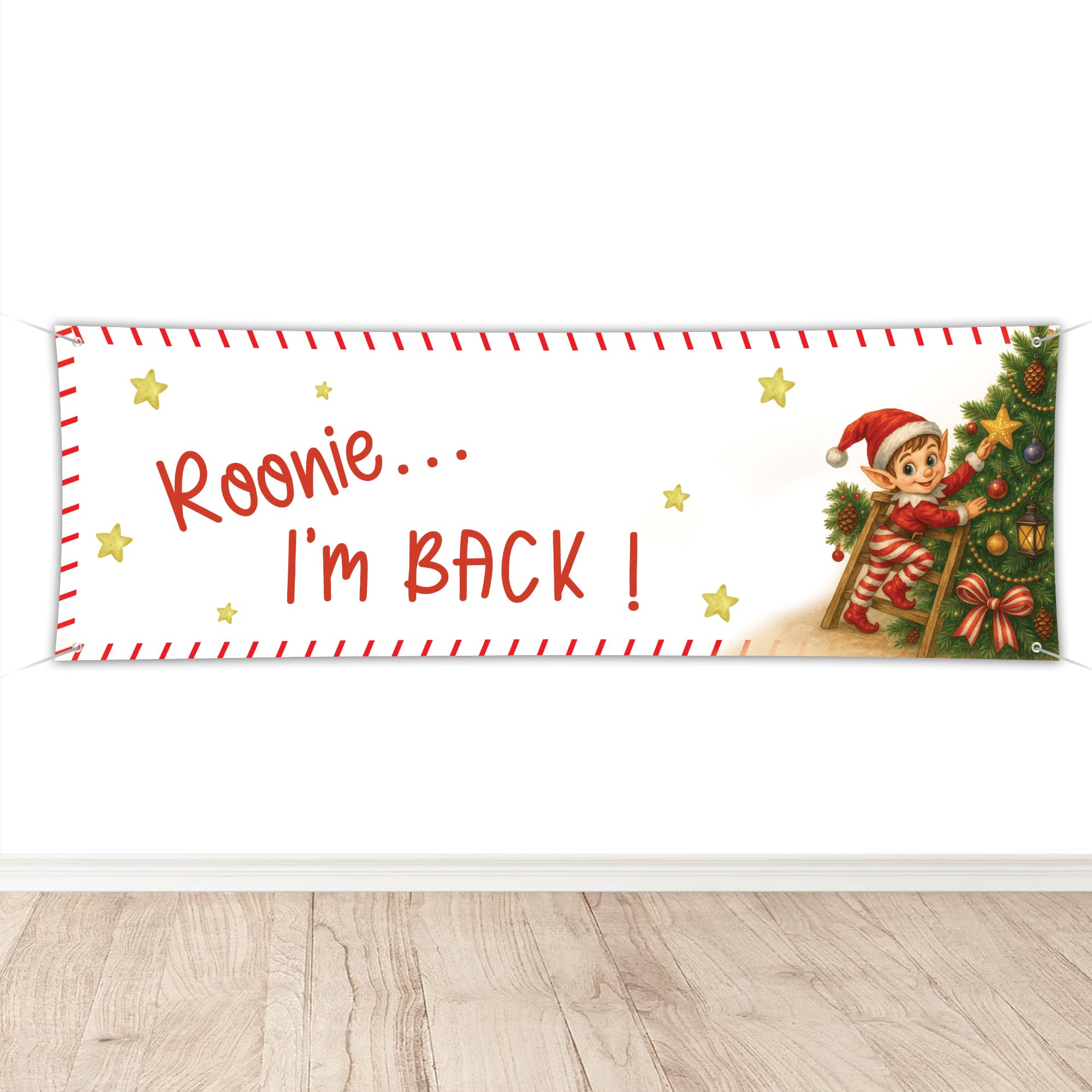 Personalised Elf Arrival Banner I’m Back We’re Back Custom Naughty Elf Return Sign Christmas Decorations Festive Xmas Door Poster Indoor, Outdoor Home Décor (Elf Design 2)