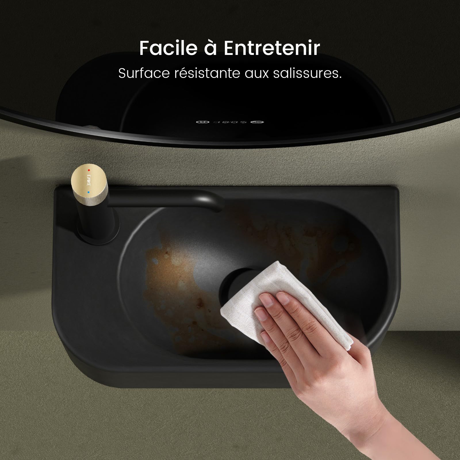 EMKE Lave-Mains Noir Mat 40 x 21,5 x 12 cm, Robinet à Gauche | EMKE Lave-Mains Noir Mat 40 x 21,5 x 12 cm, Robinet à Droite(Sans Robinet ni Bonde)