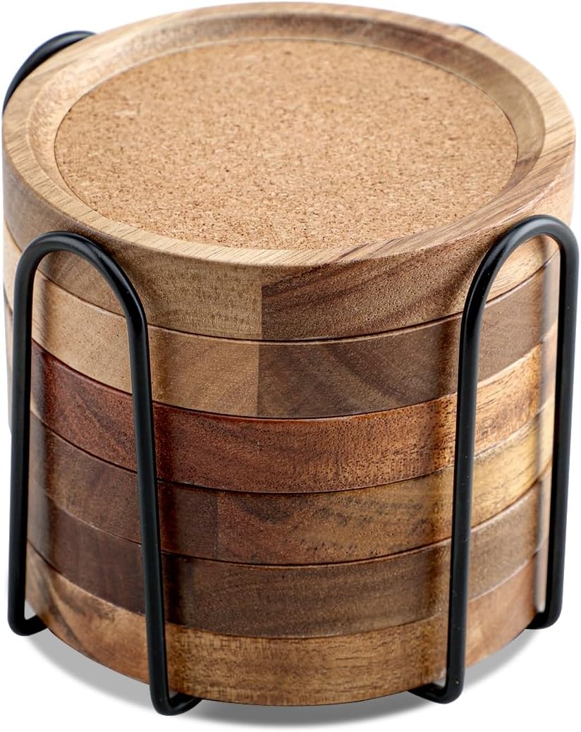 Acacia Wood Coasters for Drinks with Holder Round Coasters with Lip Set