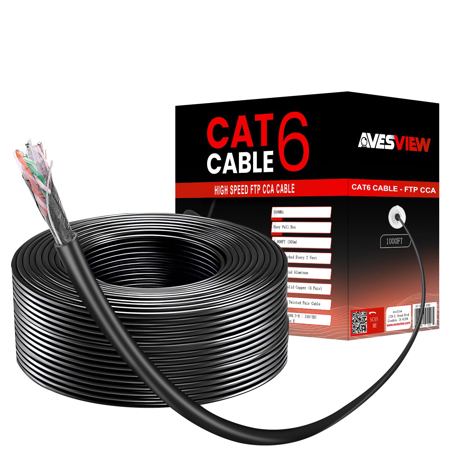 AvesView CAT6 Indoor 1000ft Shielded Ethernet Cable Easy Pull Box 10Gbps Cat 6 High-Speed Internet Cable Foiled Twisted Pair (FTP) Copper Clad