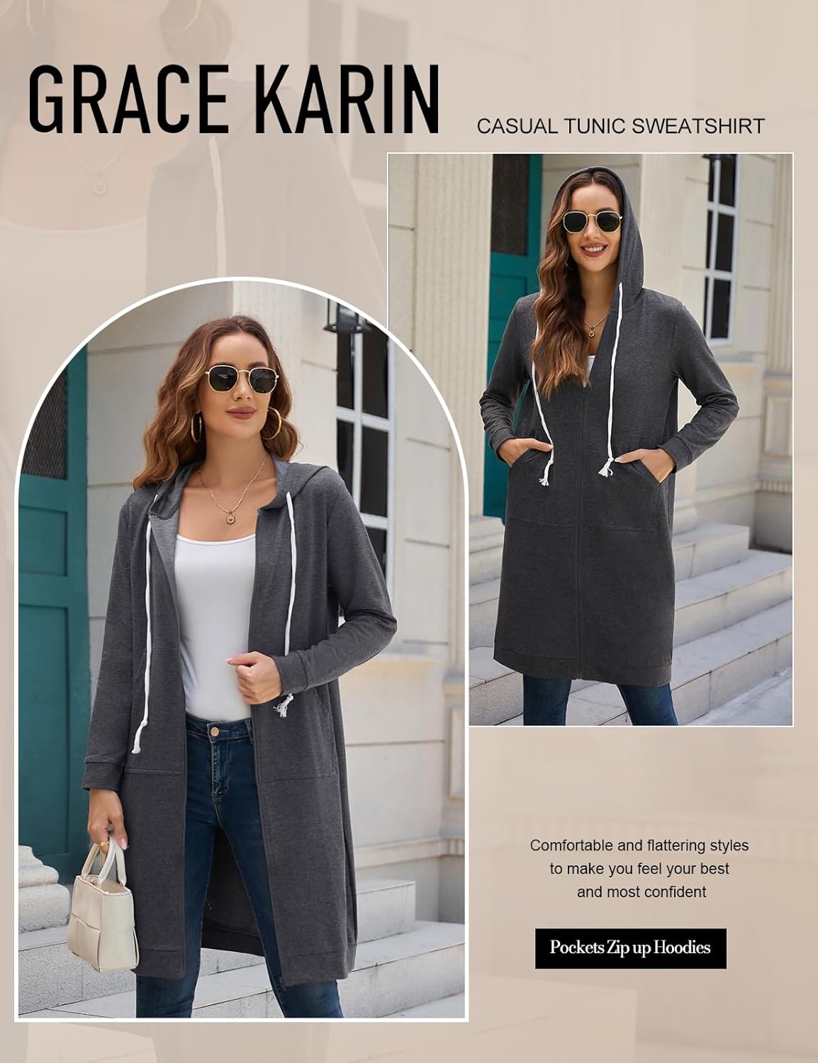 GRACE KARIN Women's Casual Pockets Zip up Hoodies Tunic Sweatshirt Long Hoodie Jacket - Image 5