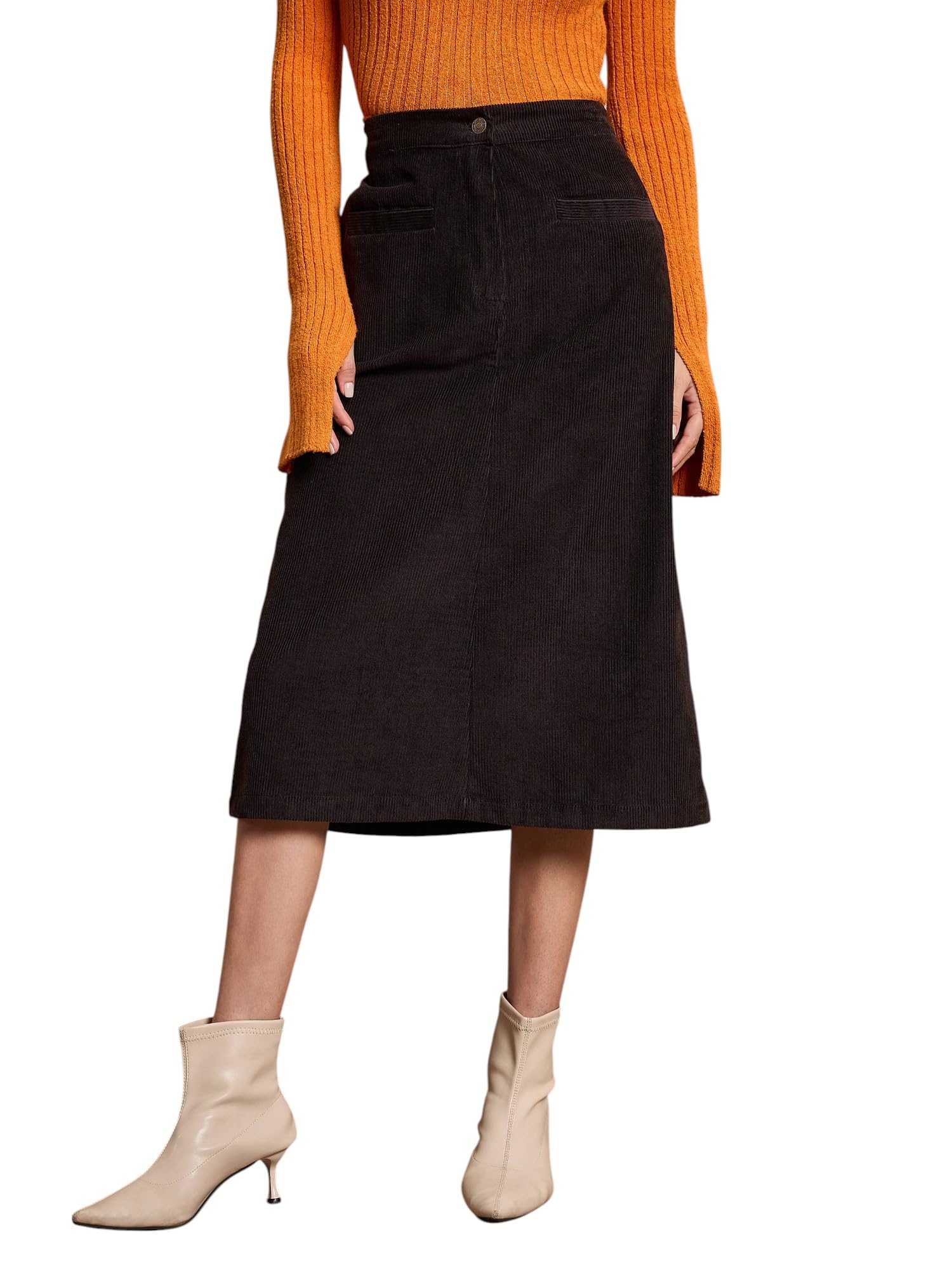 Black Corduroy Mock Pocket Midi Skirt-image-25
