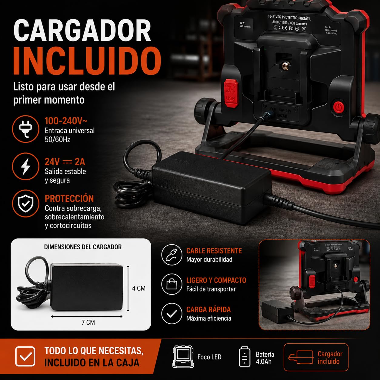 Luz de Trabajo LED con Batería Incluida 18-21V 4.0Ah | Foco Recargable 3000 lm con USB, 3 Modos de Luz y Base Plegable | Compatible con Herramientas Profesionales 18V | Haukka | Recargable