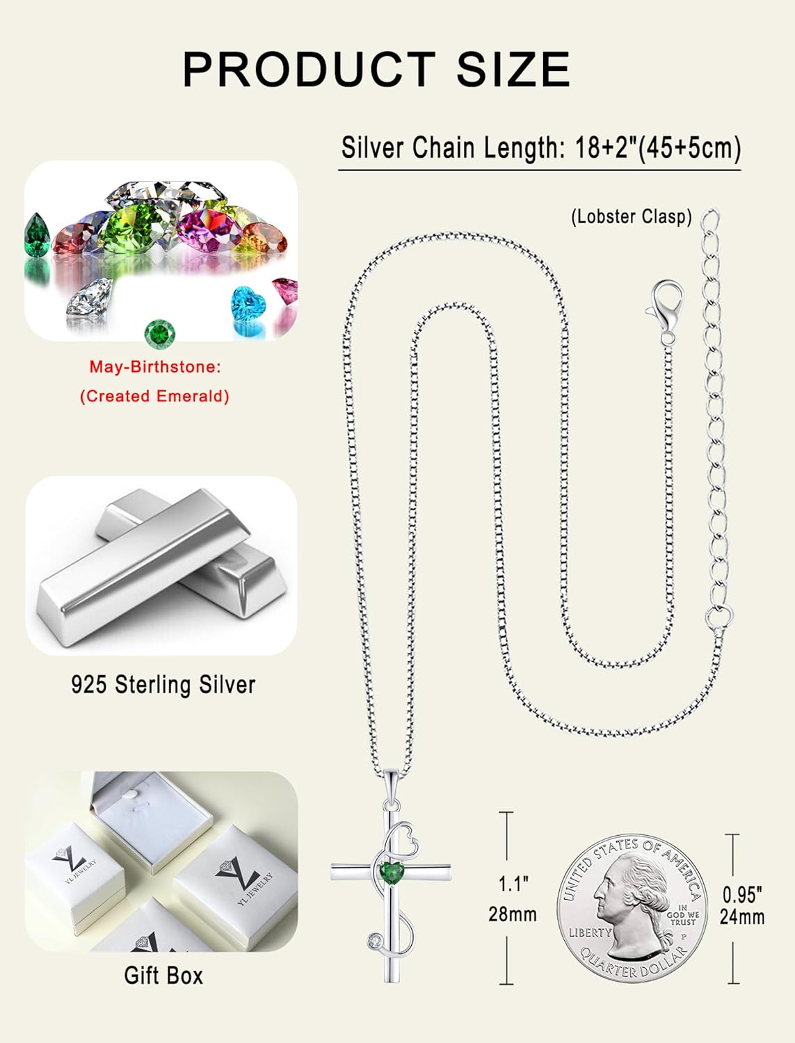 YL Stethoscope Cross Necklace 925 Sterling Silver Doctor Nurse Medical Pendant Birthstone Jewelry for Women
