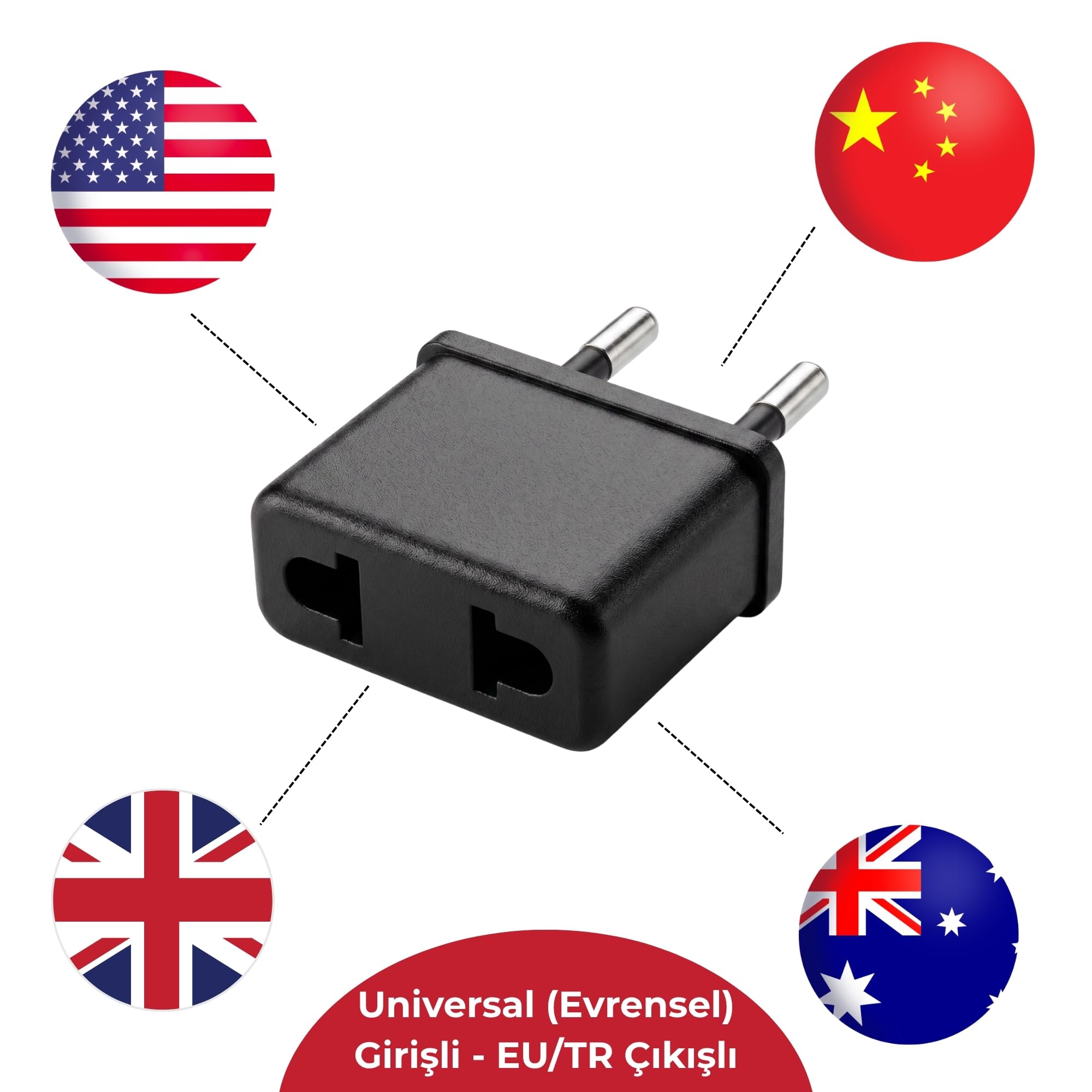 Universal Priz Dönüştürücü Adaptör - US/UK/AU/CN to EU/TR Fiş Çevirici - Amerikan/İngiliz Tipi Fişi Türk Tipi Prize Dönüştüren Siyah Kompakt Adaptör
