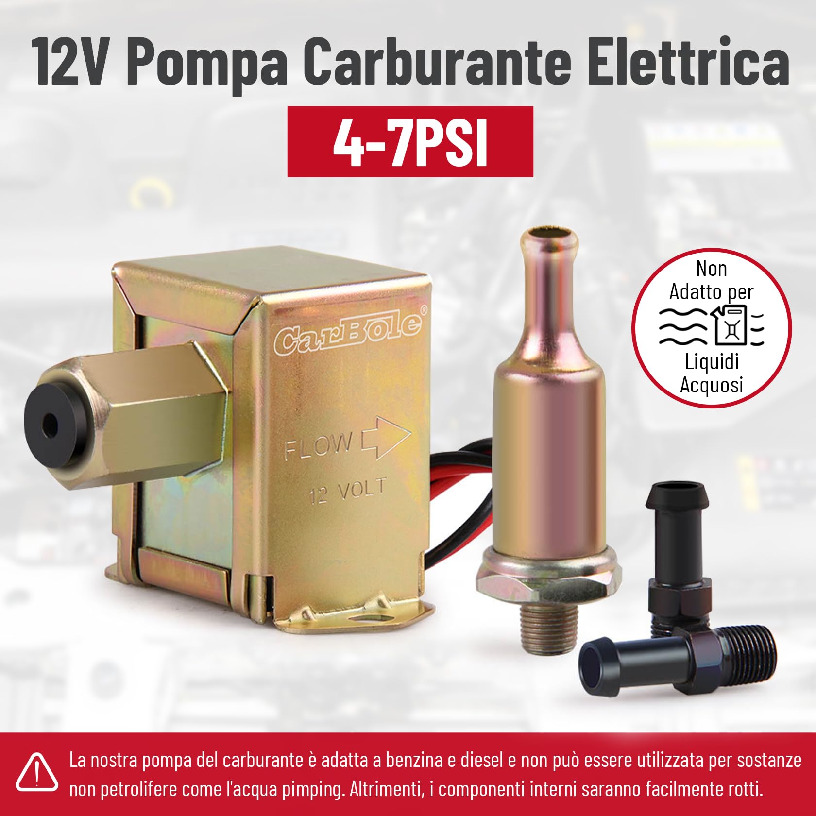 Pompa carburante elettrica a bassa pressione da 12 Volt, Carbole 4-7 PSI, pompa in linea per diesel e benzina universale, in metallo HEP-02A per carburatore, auto, furgoni, camion