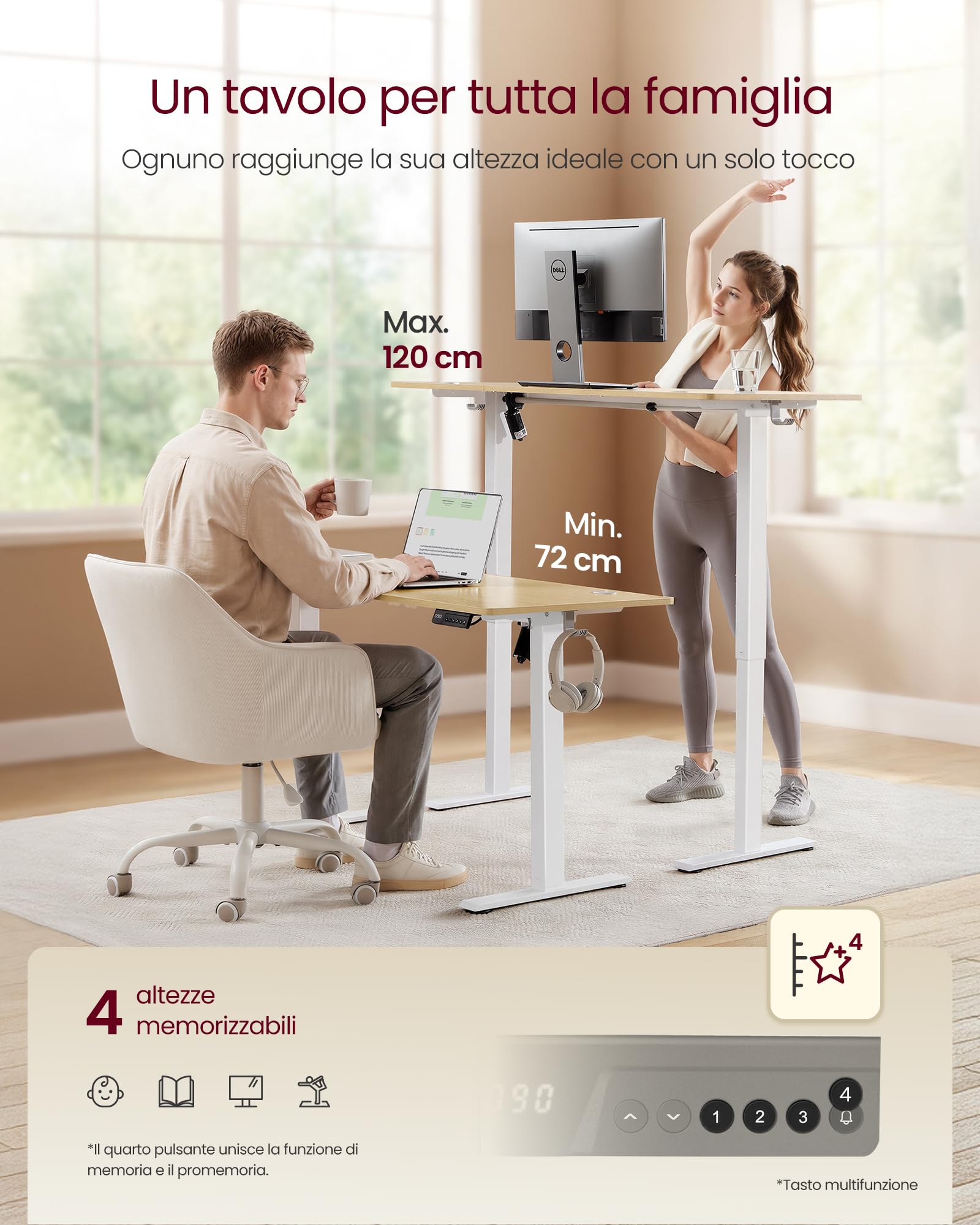 VASAGLE Scrivania Regolabile in Altezza Elettrica, Scrivania per Computer, Promemoria per Sedentarietà, Funzione Memoria con 4 Altezze, per Ufficio, 120 x 60 cm, Rovere Dorato LSD312YA03