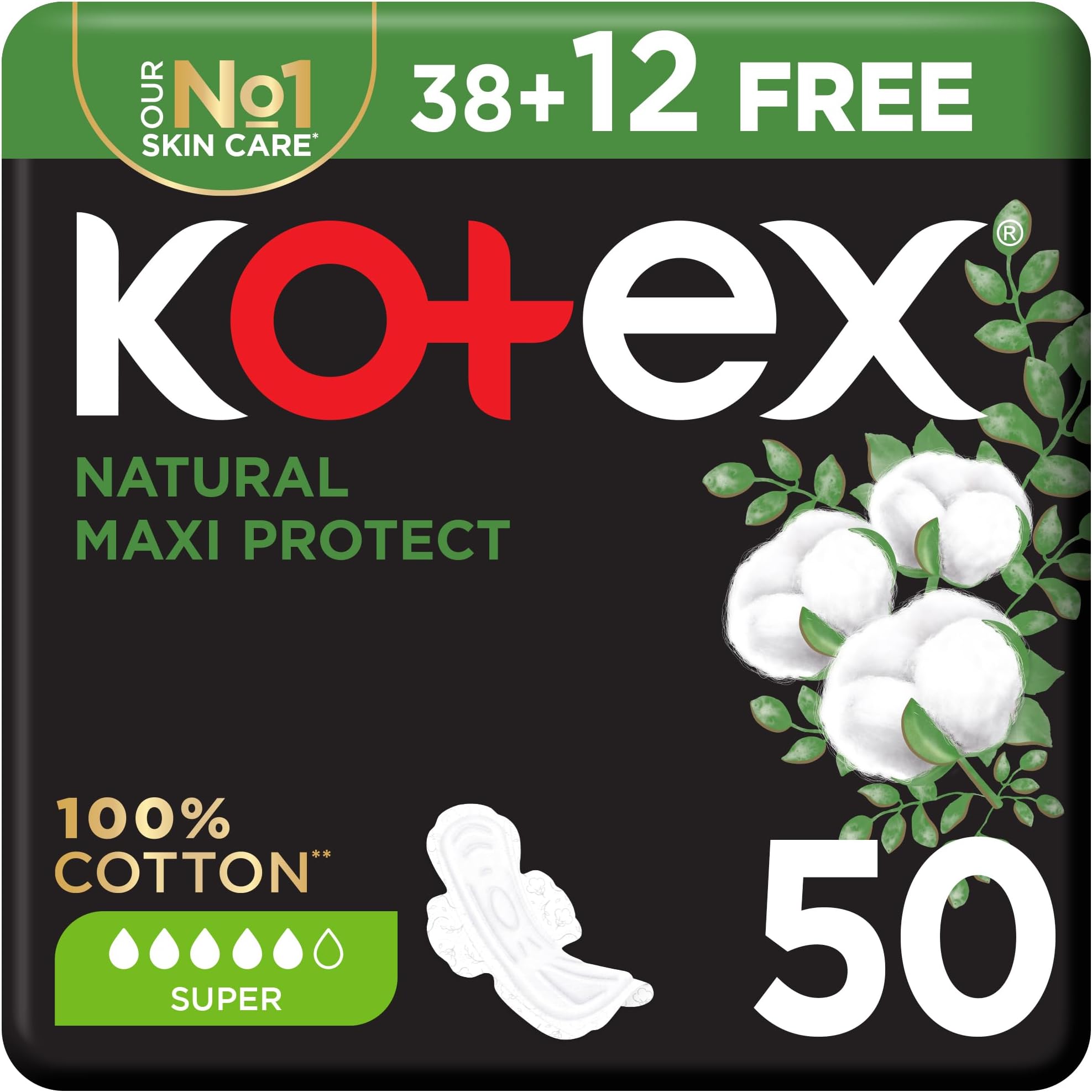 Natural Maxi Protect Thick Pads, 100% Cotton Pad, Super Size with Wings, 50 Sanitary Pads