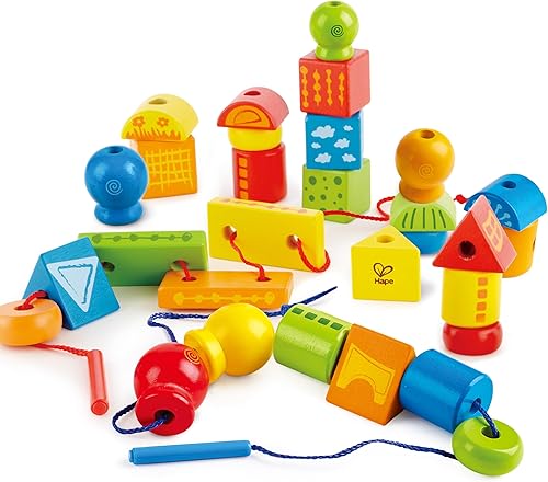 Hape Formas de cuerda  Juego clásico de 32 piezas de madera de bloques de apilamiento, juguete de cordones multicolor