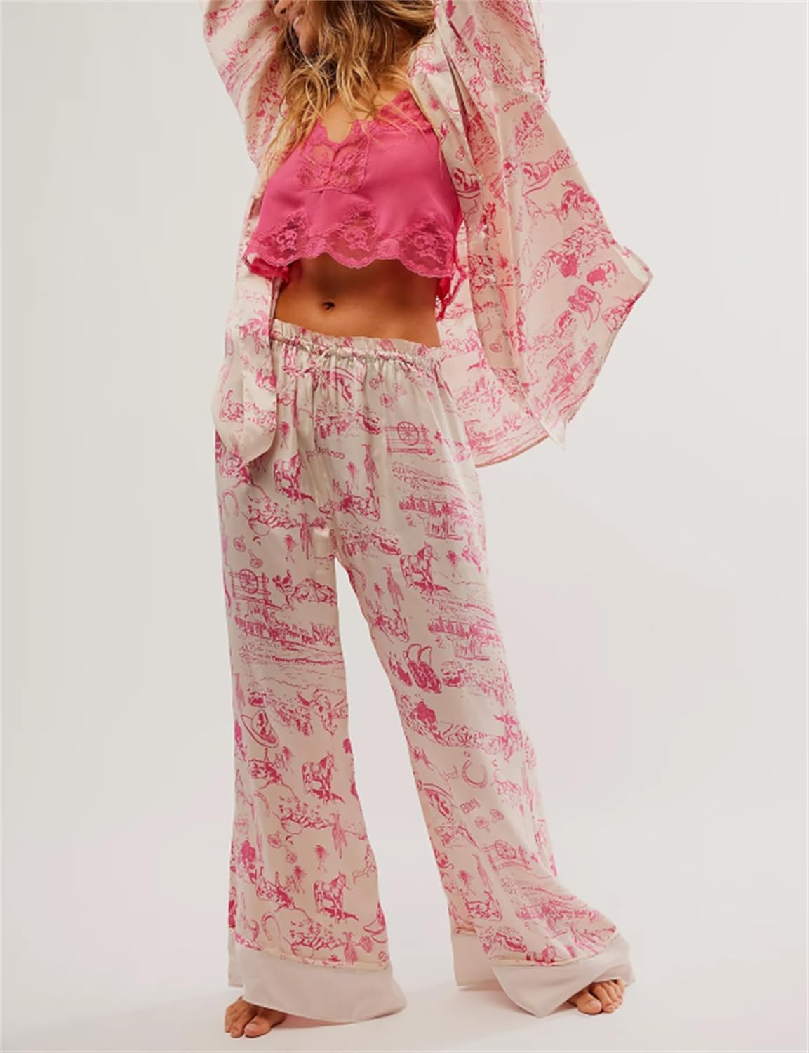 Yuemengxuan Women Floral Satin Silk Pajamas Set Casual Party Outfits Long Sleeve Button down Shirt Wide Leg Pants Lounge Set - Image 2