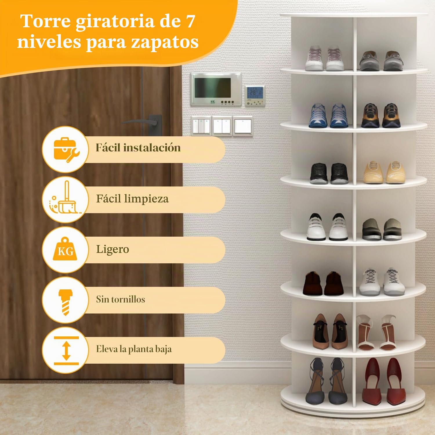 PTUWODS Zapatero giratorio, 360 grados, organizador de zapatos, carrusel redondo, bolso vertical, organizador de zapatero (blanco, 7 niveles)