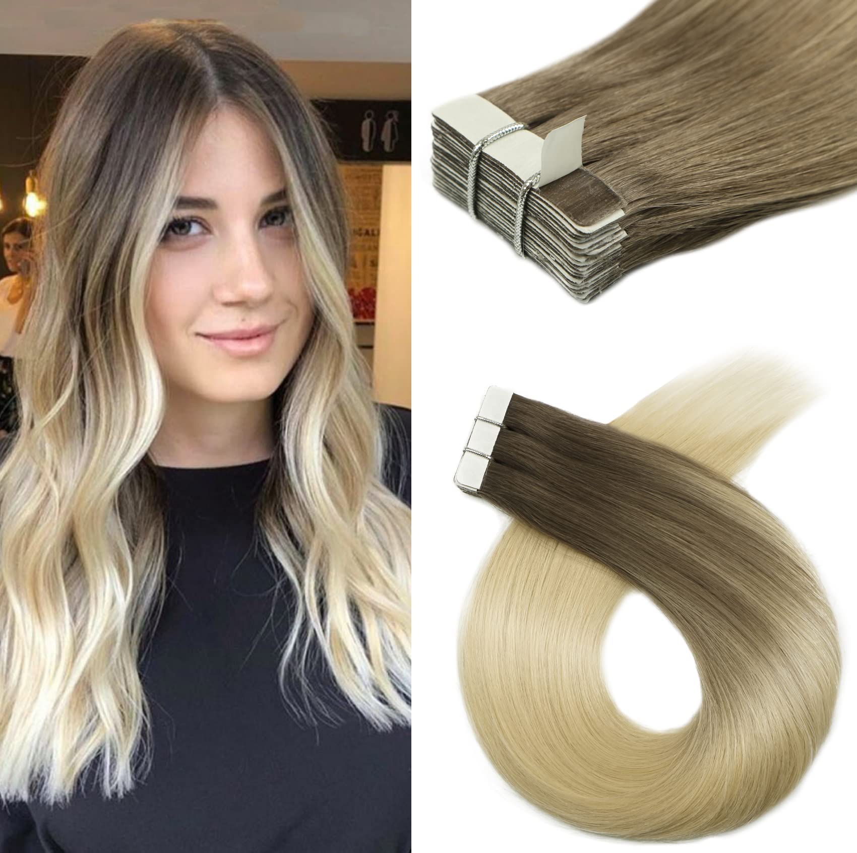 Amazon.com : VARIO HAIR 22 Inch Hair Extensions 20pcs/50g Per Tape In  Balayage Ombre Hair Ash Brown Fading to Platinum Blonde Double Sided Tape  Seamless Skin Weft Remy Silk Straight Hair Human