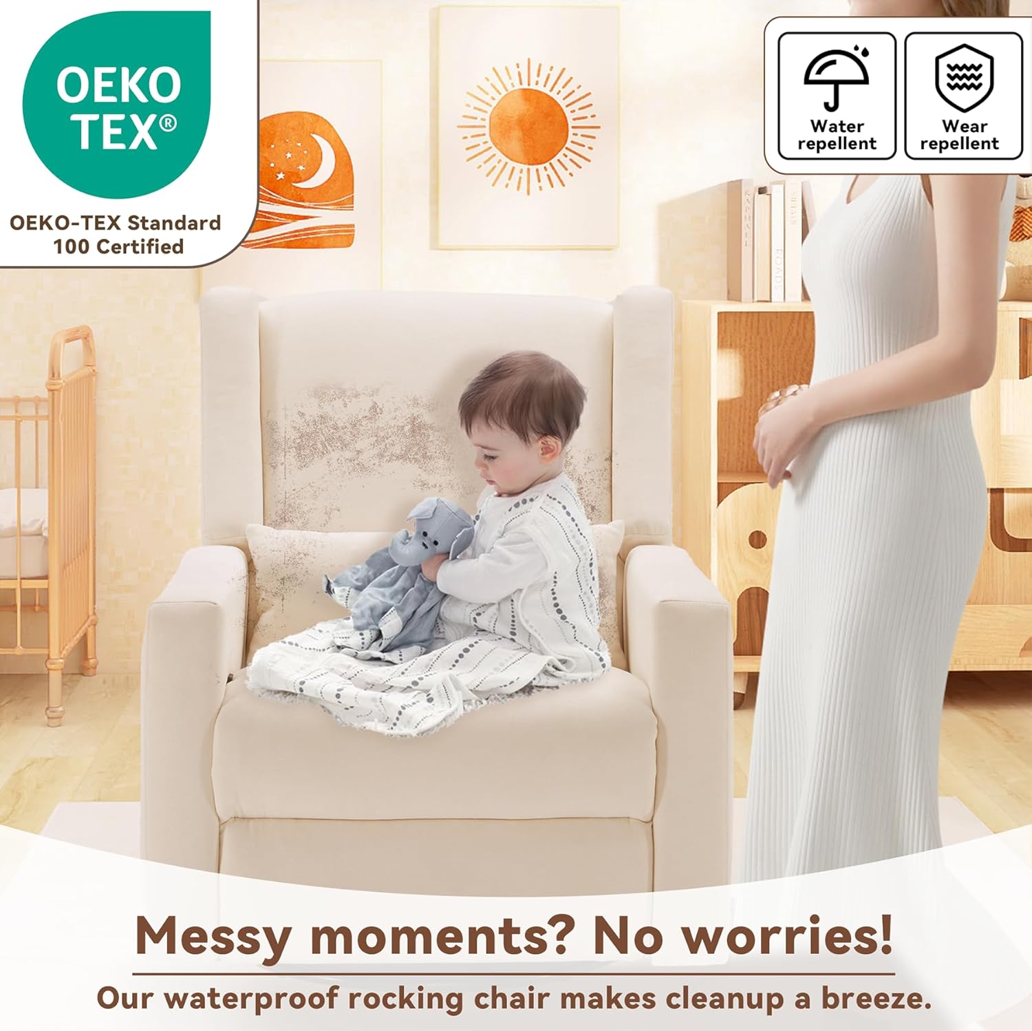 Tbfit 360° Swivel Recliner Chair,Nursery Rocking Chair with Lumbar Support for Bedroom, Comfy Upholstered Armchair with Pillows & Footrest for Living Room (Hidden Ring Handle, Beige)