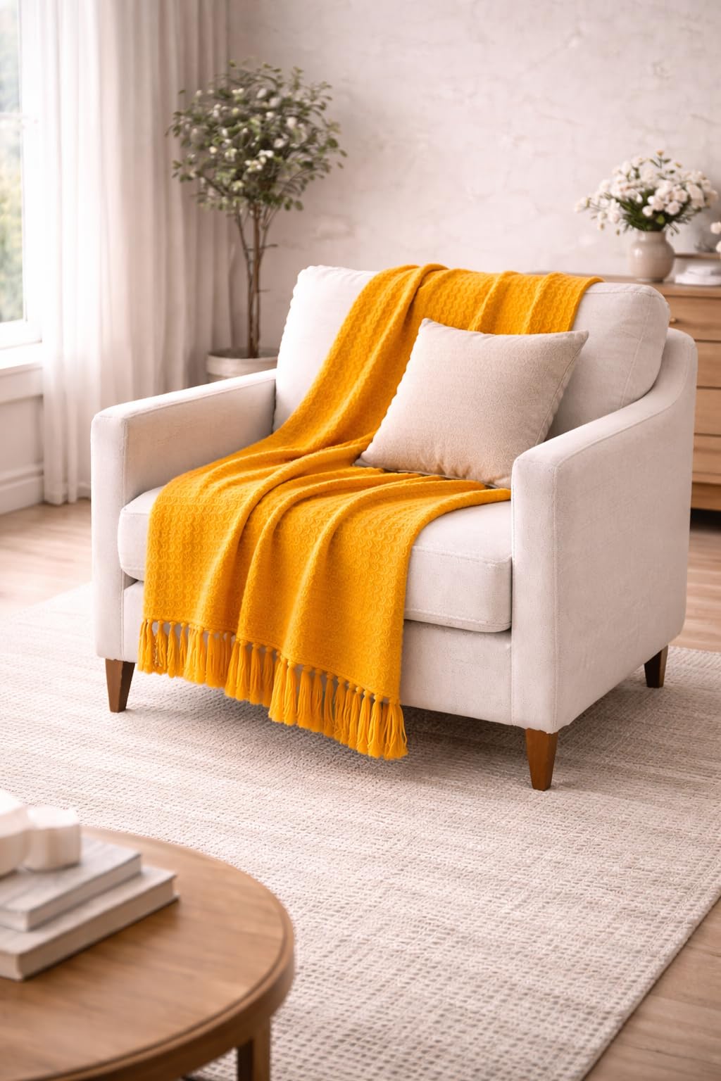 Tarantaran Mustard Yellow Throw Blanket with Fringe, Soft Sofa Throw for Couch and Chair-image-19