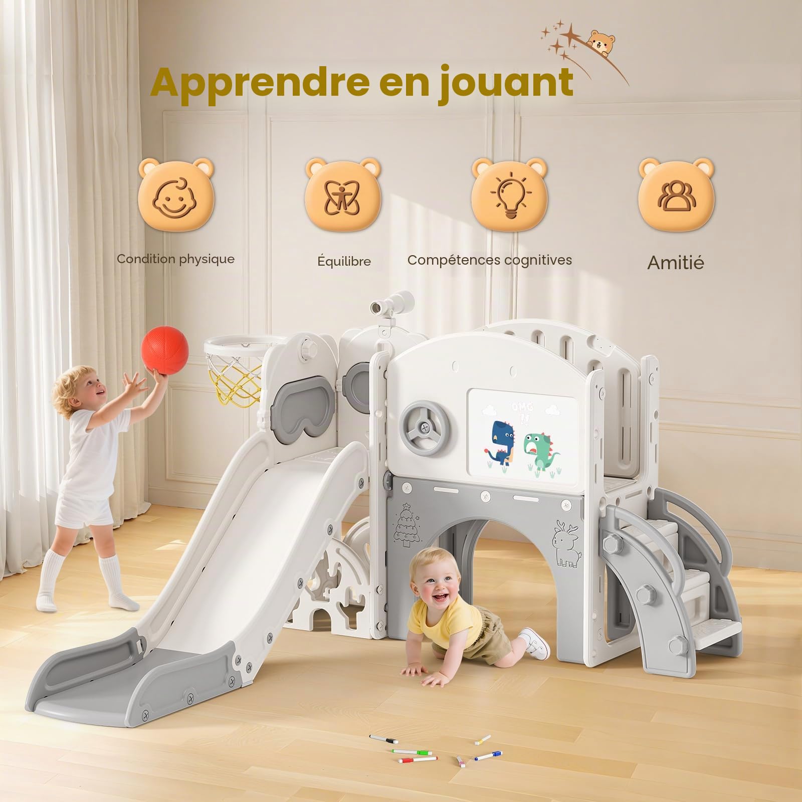 Toboggan pour Tout,Toboggan 10 en 1 pour Enfants avec Structure d'escalade,Golf,Panier de Basket et Tunnel,Ensemble de Toboggan en Plastique pour l'intérieur,Jouet Montessori pour l'aire de Jeux