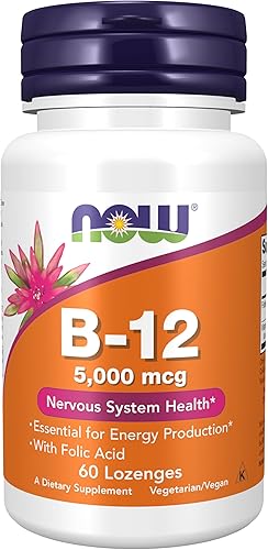 NOW Suplementos vitamina B-12 de 5000 mcg con ácido fólico salud del sistema nervioso 60 pastillas