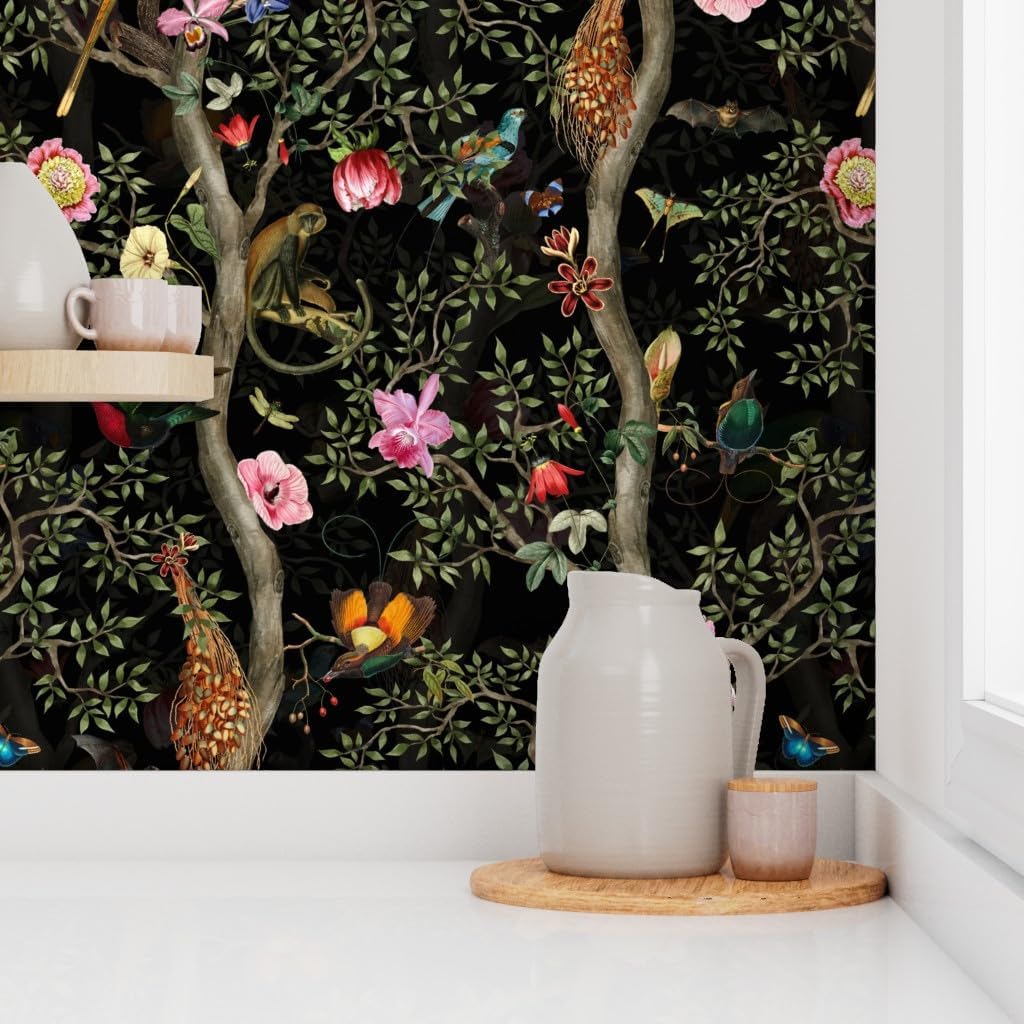Peel & Stick Wallpaper 3ft x 2ft - Tropical Garden Black Chinese Antique Toile Chinoiserie Custom Removable Wallpaper by Spoonflower