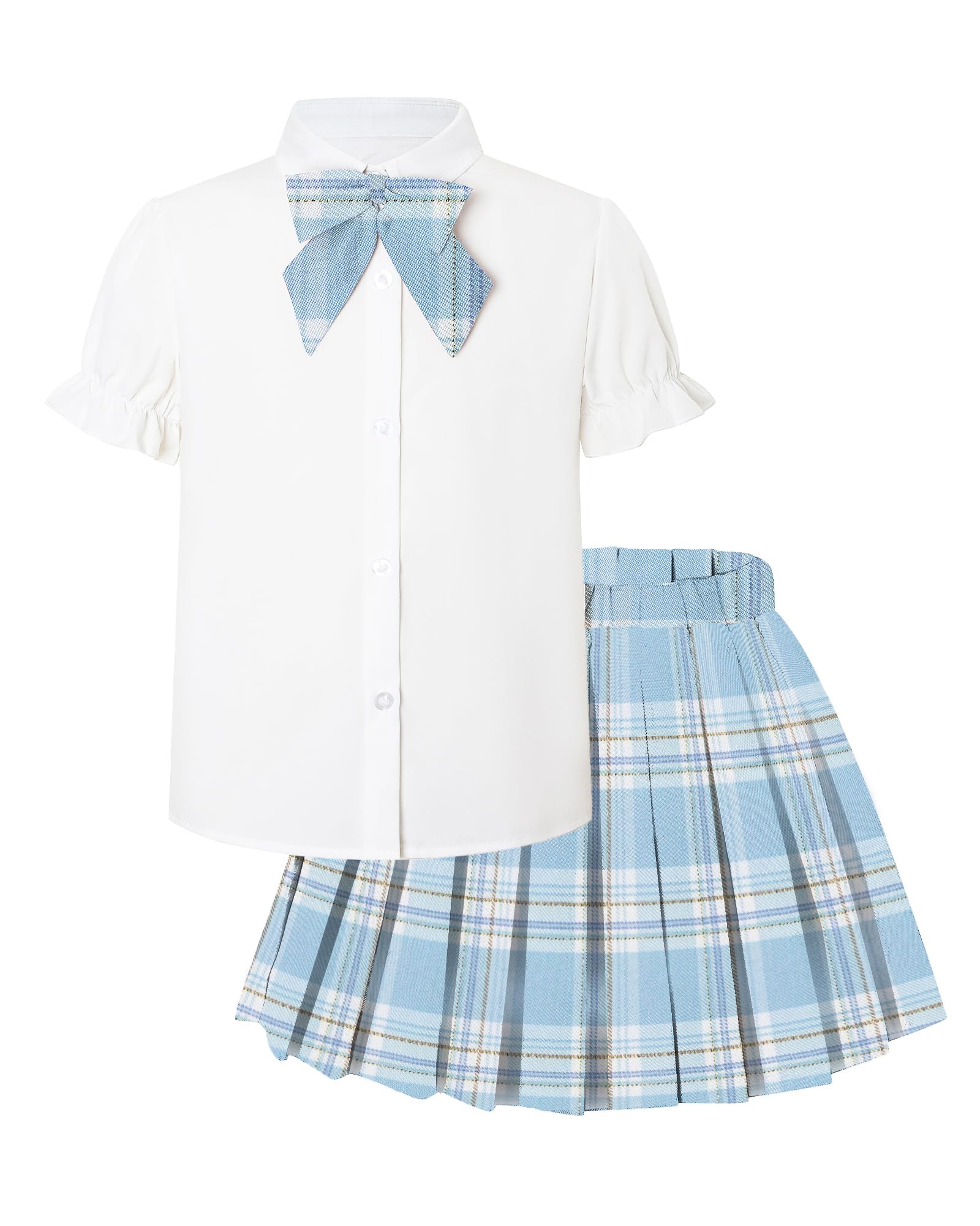 Betusline Girls JK Uniform Outfit, Shirt with Bow &amp; Pleated Skirt,4T-16Y
