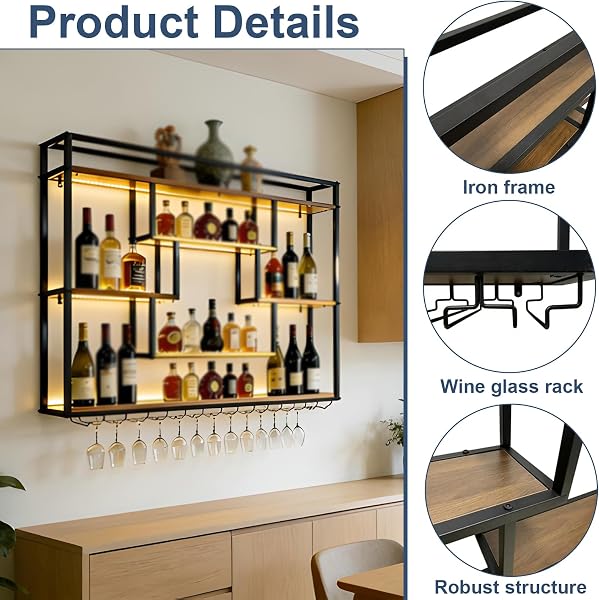 120cm Portabottiglie da Parete con luce LED, Metallo Porta Bottiglie Vino Con Portabicchieri, Grande Espositore per Bottiglie di Vino, Per Bar Domestico, Sala da Pranzo - 3