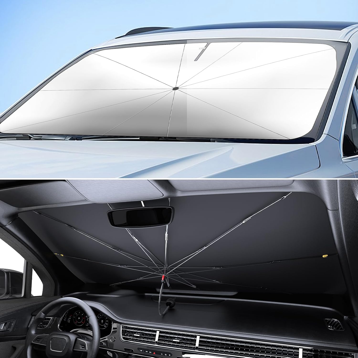 Car Windshield Sun Shade - Universal 55"x31" Front Window Sunshield with Heat-Blocking Titanium Coating, Compact Umbrella Design, for Sedan, SUV, Truck