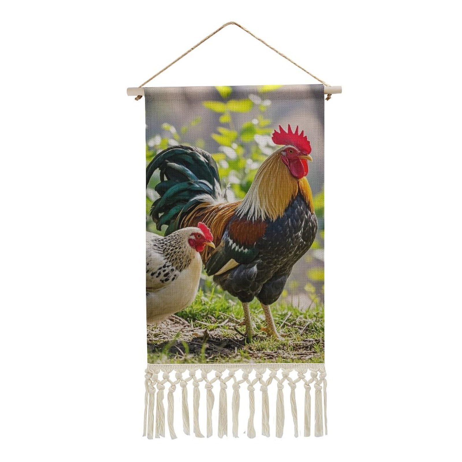 FekiLoot Rooster And Hen Wall Art Poster Hanger Frame Vertical Tassel Tapestry Cotton Linen Hanging Poster Decorative Wall Art Prints Vintage Wall Art Decor for Home Bedroom Living Room Office