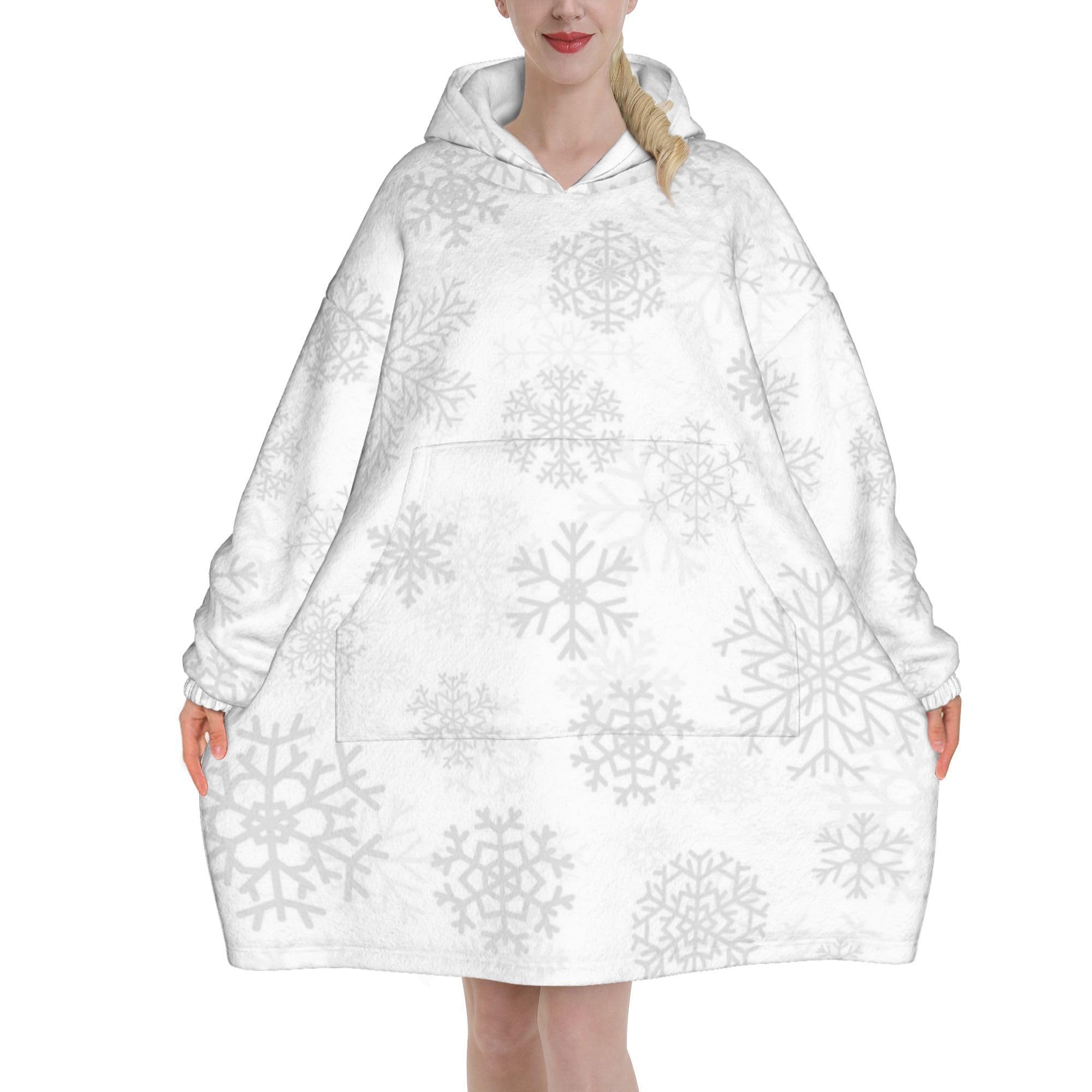 Christmas Snowflakes Blanket Hoodie for Women - Cozy Wearable Flannel Fleece Hooded Blanket with Pocket,Oversized Soft Warm Snuggie Hoodie Gifts for Women
