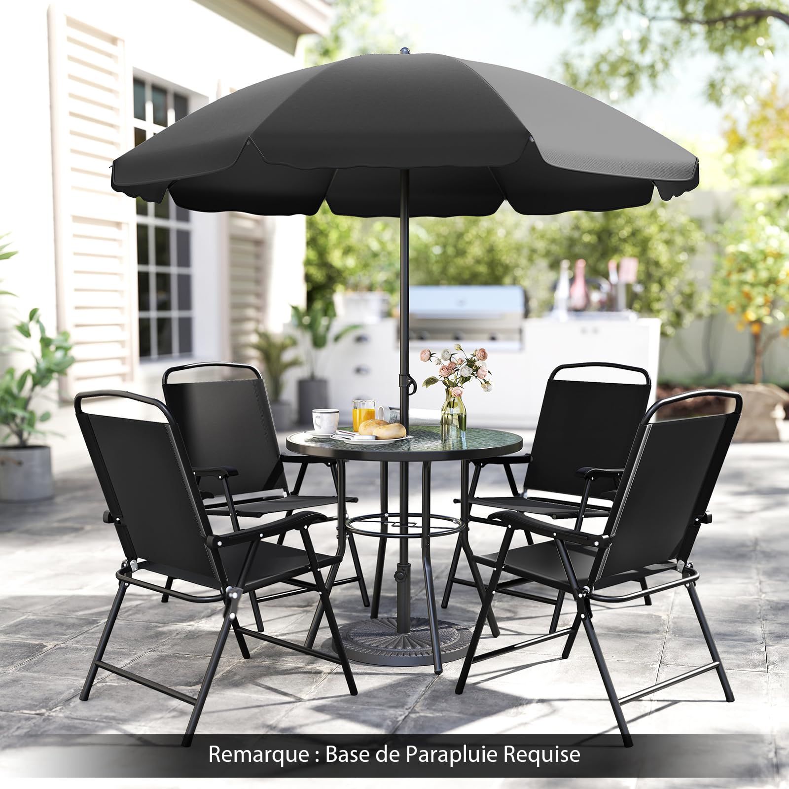 GOPLUS 6Pcs Salon de Jardin Exterieur 4 Personnes avec 4 Chaises Pliantes en Textilène, Table Basse en Verre Trempé et Parasol Jardin, pour Patio, Balcon et Terrasse (Table+Chaises+Parasol,Noir)