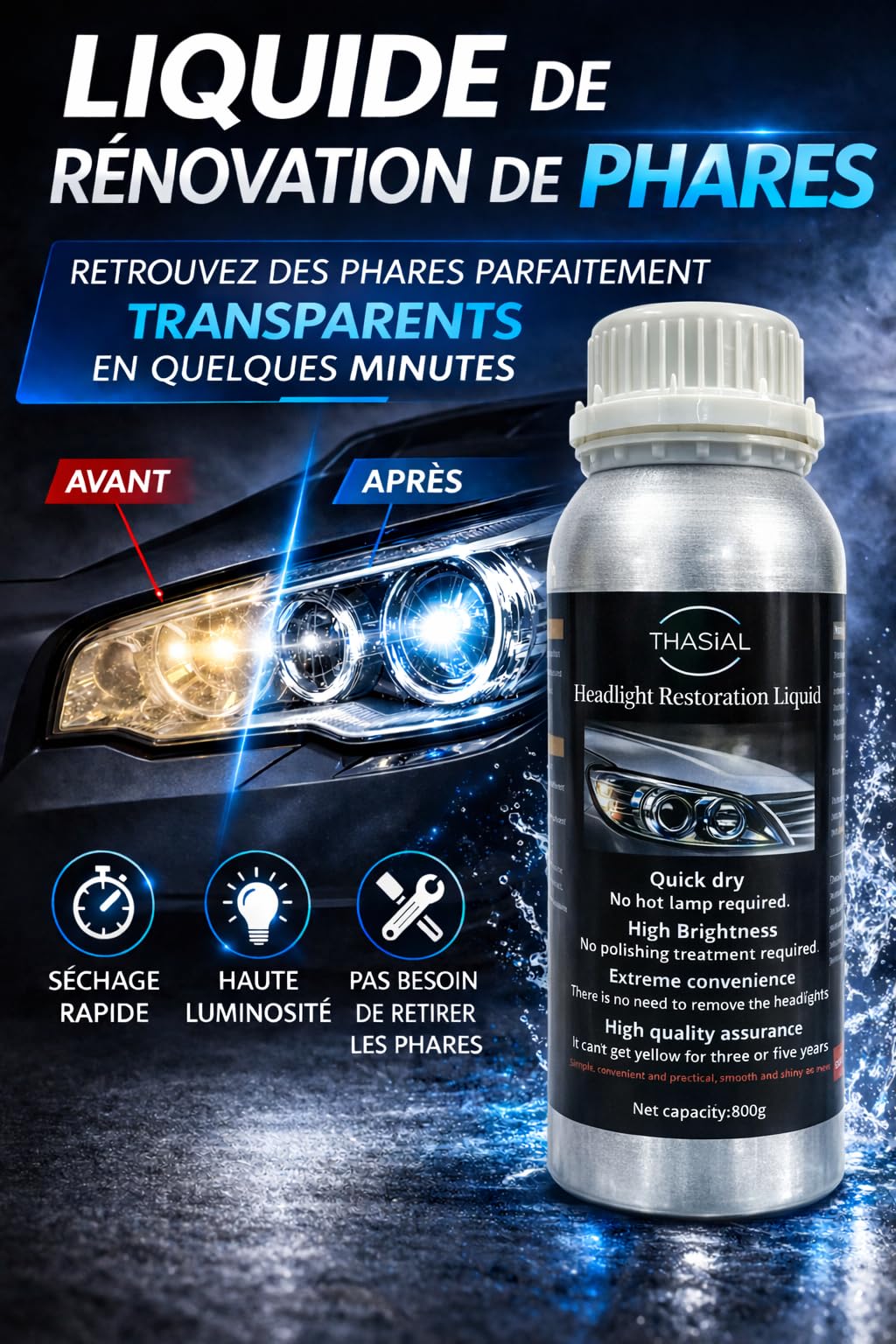 Rénovateur Phare Voiture 800g – Liquide de Rénovation Optiques Auto & Moto, Élimine Jaunissement, Oxydation et Micro-Rayures, Restaure Transparence et Brillance des Phares – Marque Française