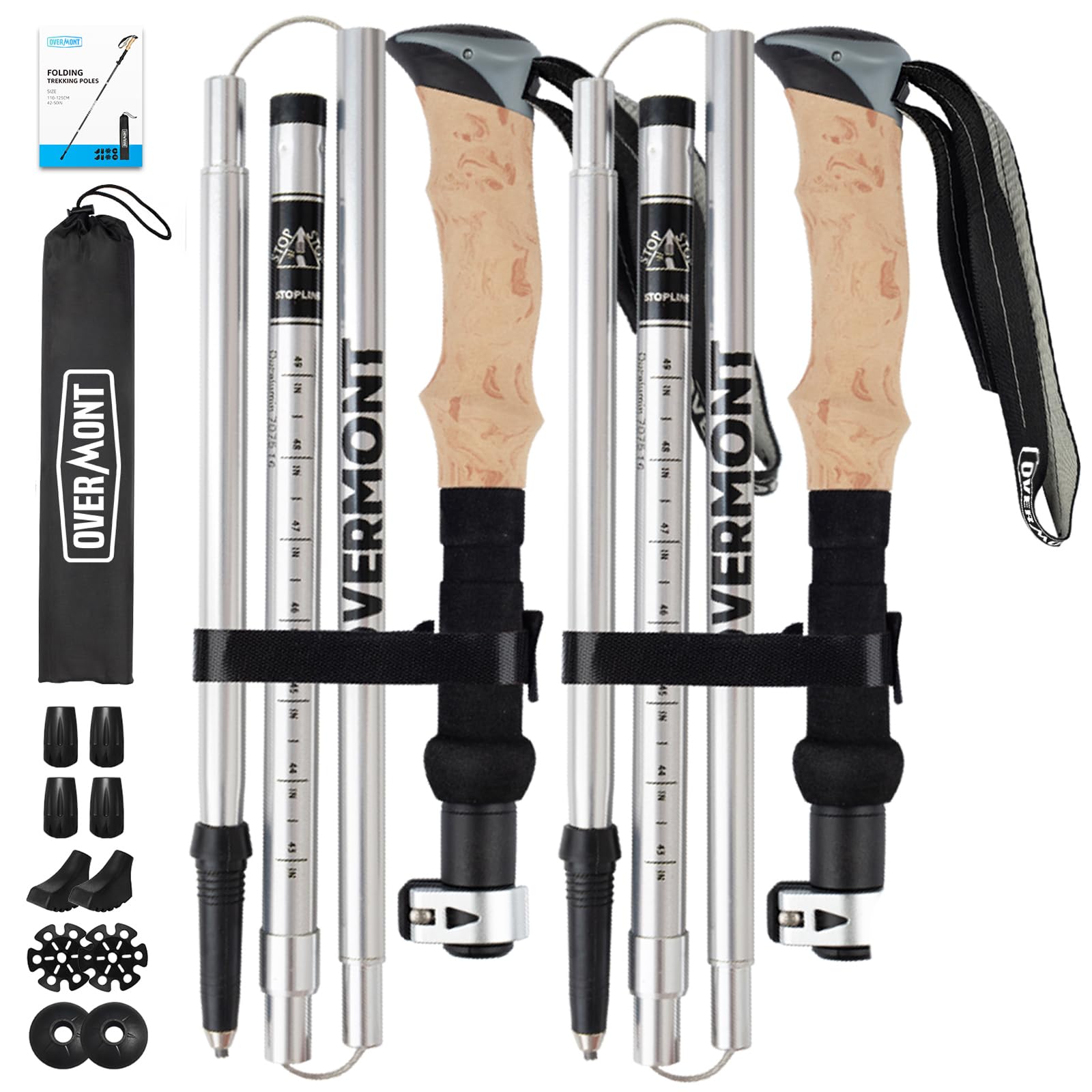 Overmont Wanderstöcke Faltbar Aluminium Ultraleicht - Verstellbar 105-125 cm Trekkingstöcke - Nordic Walking Stöcke 1 Paar mit All-Terrain Zubehör