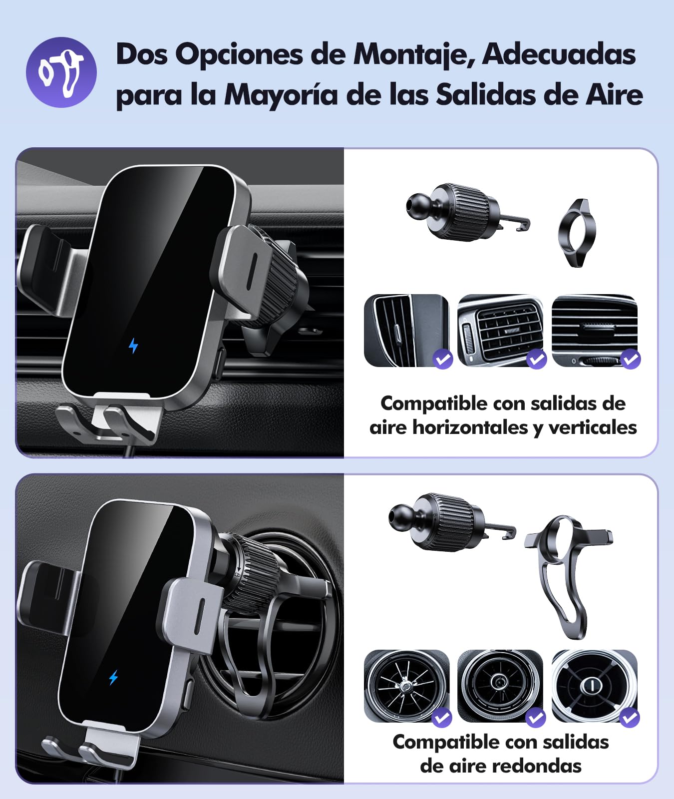 ISEYOU Cargador Inalambrico Coche, [Sujeción Automática] 15W Soporte Movil Cargador Inalámbrico Coche 360° Rotación & QC 3.0 Carga Rápida Compatible con iPhone 17 16 15 Pro MAX, etc