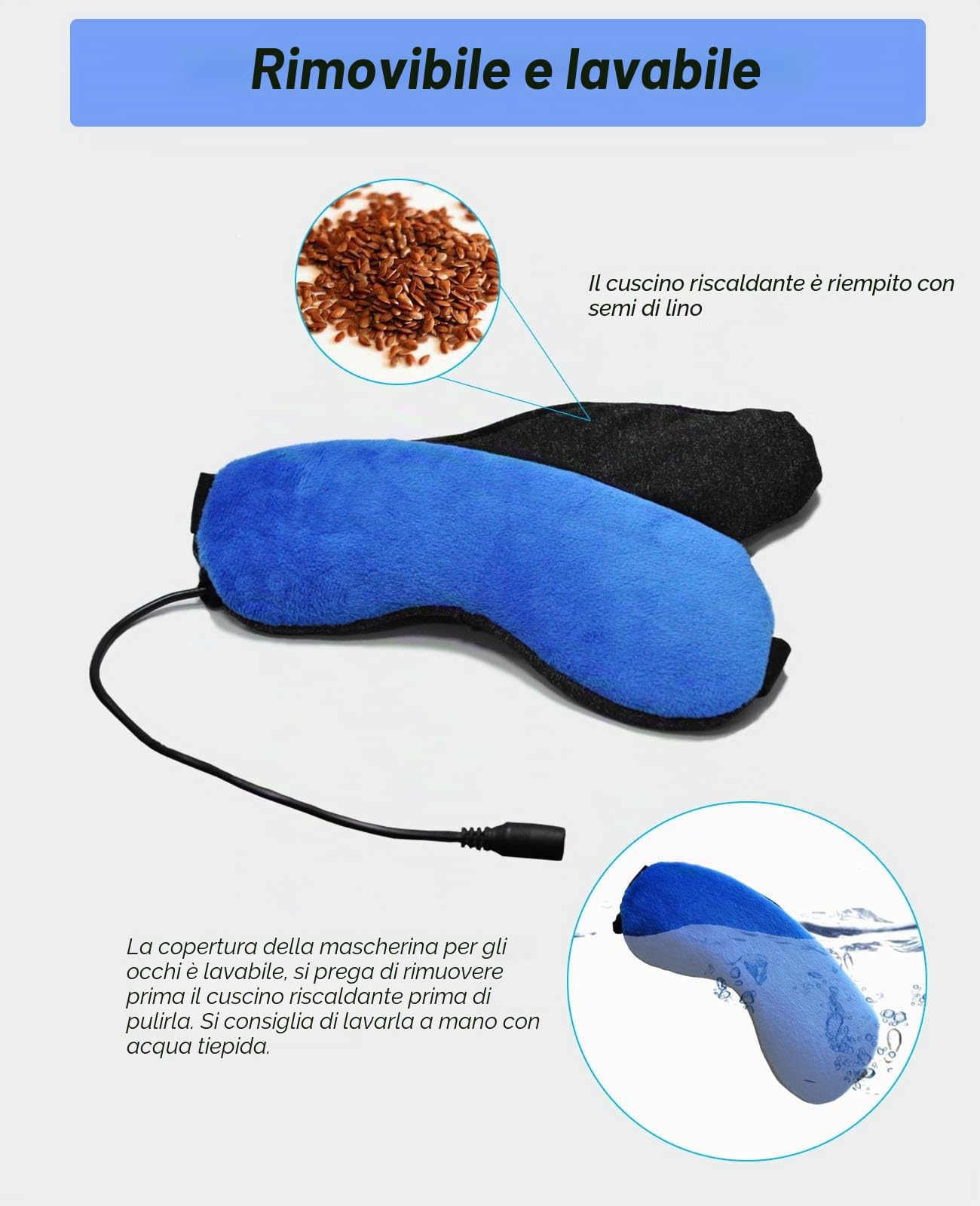 Maschera per gli occhi riscaldante, elettrica, riscaldabile, con semi di lino, per alleviare blefarite, occhi asciutti, occhiaie e orzo, lavabile (blu scuro)
