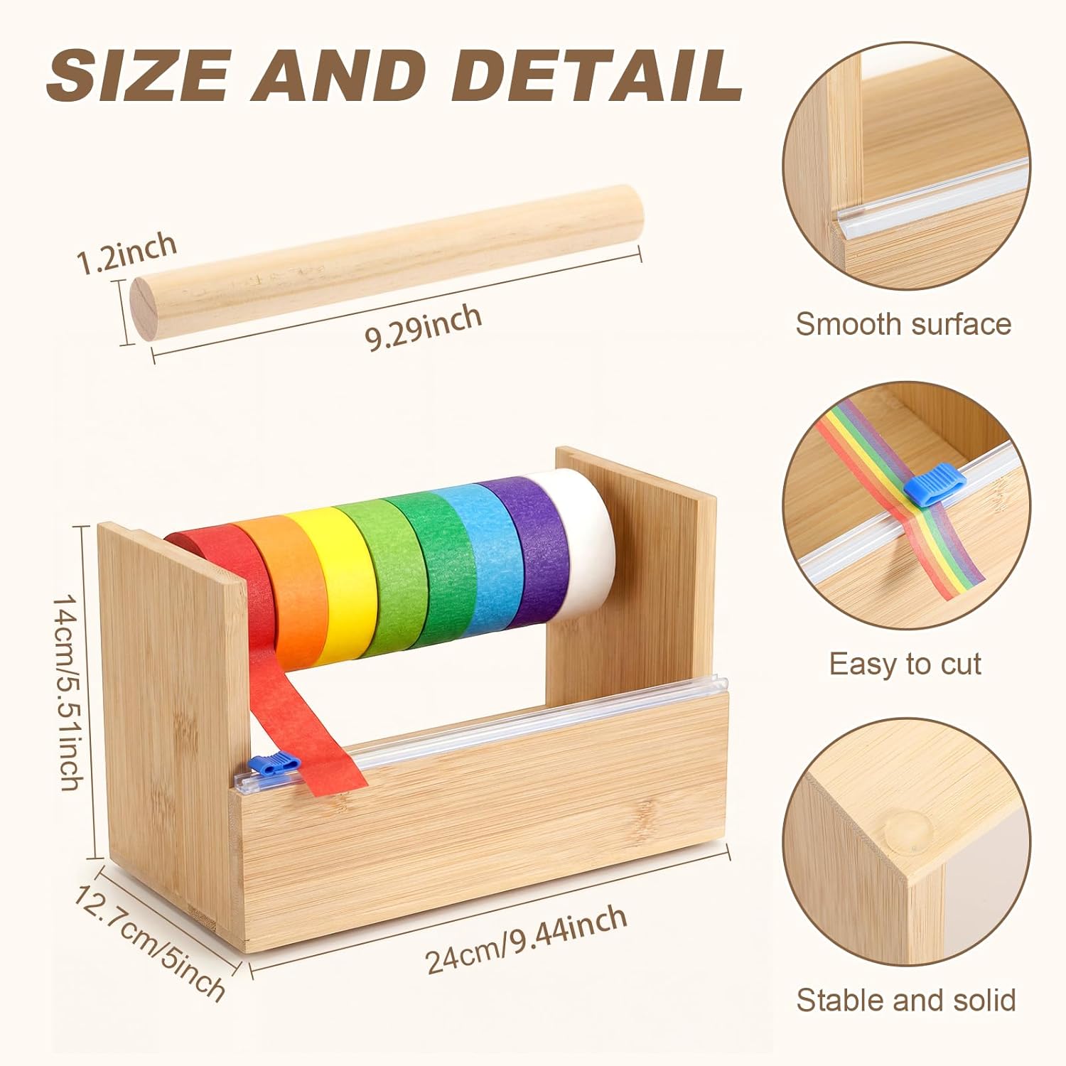 Hoteam 2 Pack Wood Masking Tape Dispenser, Multi Roll Washi Tape Cutter Holder for Gift Wrapping, Kitchen, Office, Desktop Craft, 9.4" x 5.5" x 5"