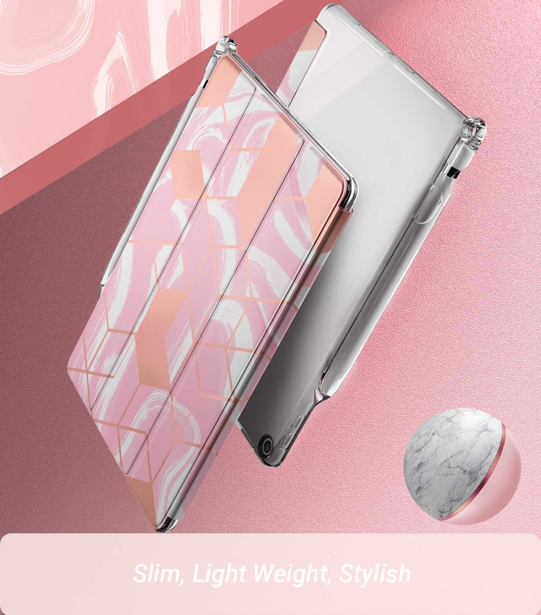 Popshine Marble Lite Case Designed for iPad 10.2 9th Generation (2021) / 8th Gen (2020) /7th Gen (2019), Smart Cover with Pencil Holder, Flexible Clear TPU, Slim Fit Trifold Folio, Liquid Marble Pink